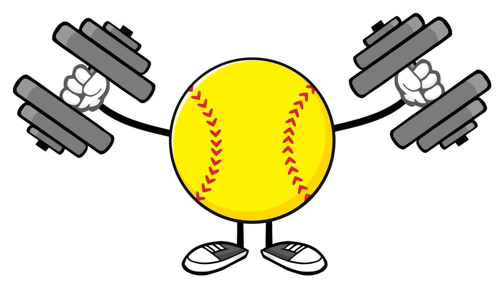 Cartoon Softball Character Lifting Dumbbells vector
