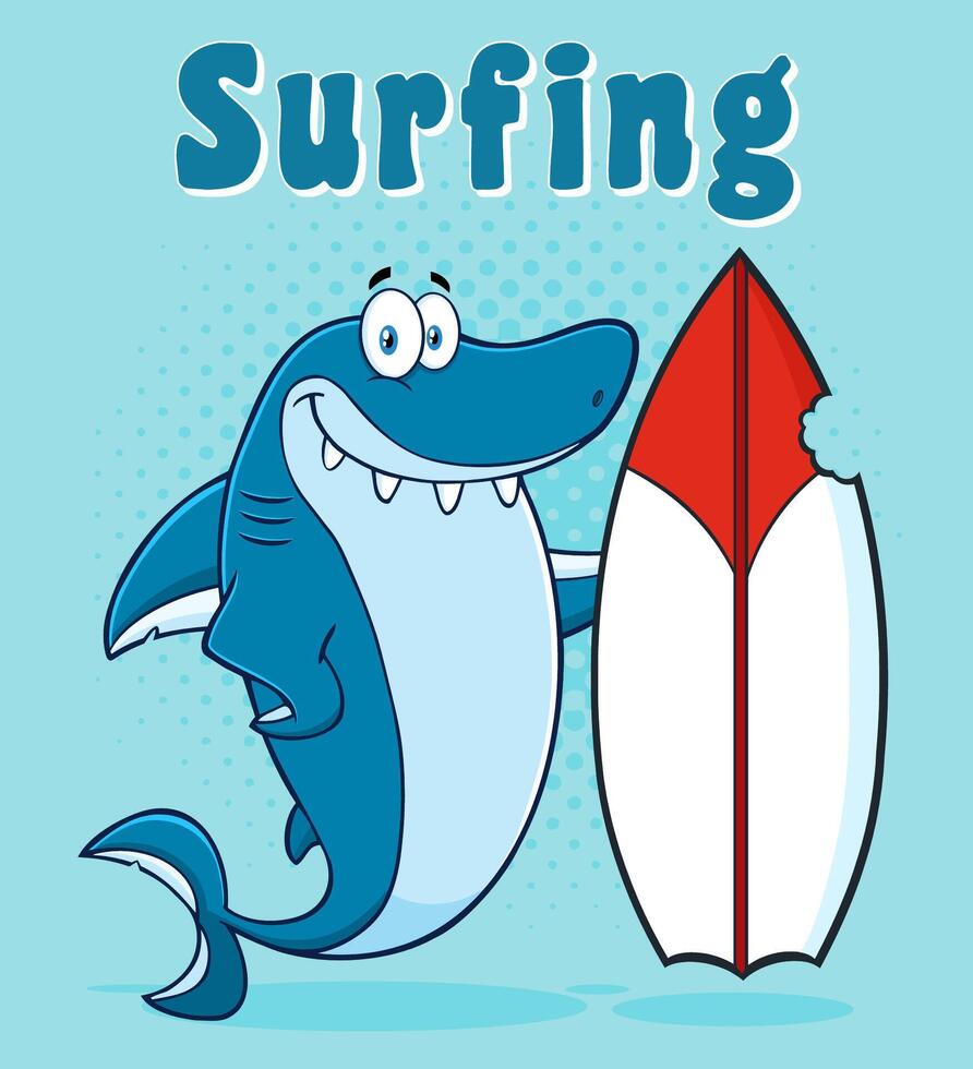 Funny Surfing Shark with Beach Text Design vector