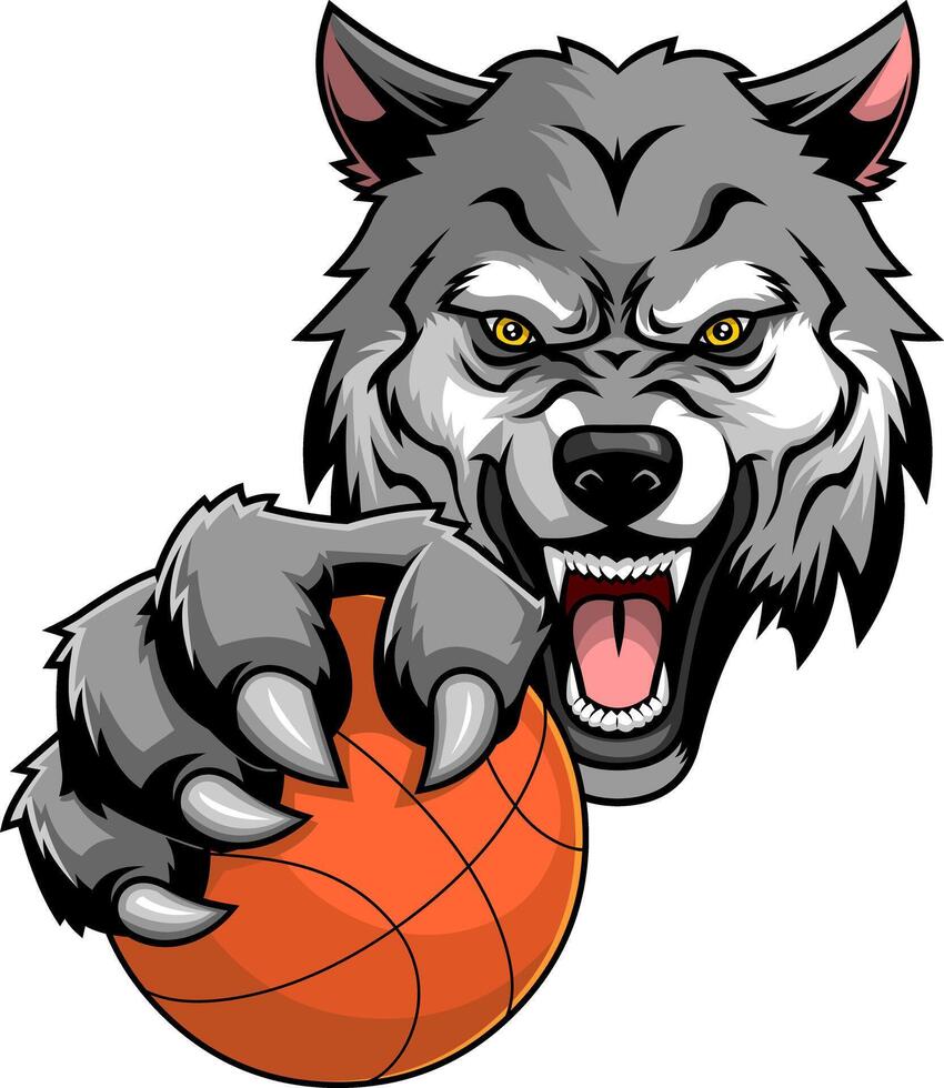 Fierce Gray Wolf Holding a Basketball with Sharp Claws and an Intimidating Expression vector