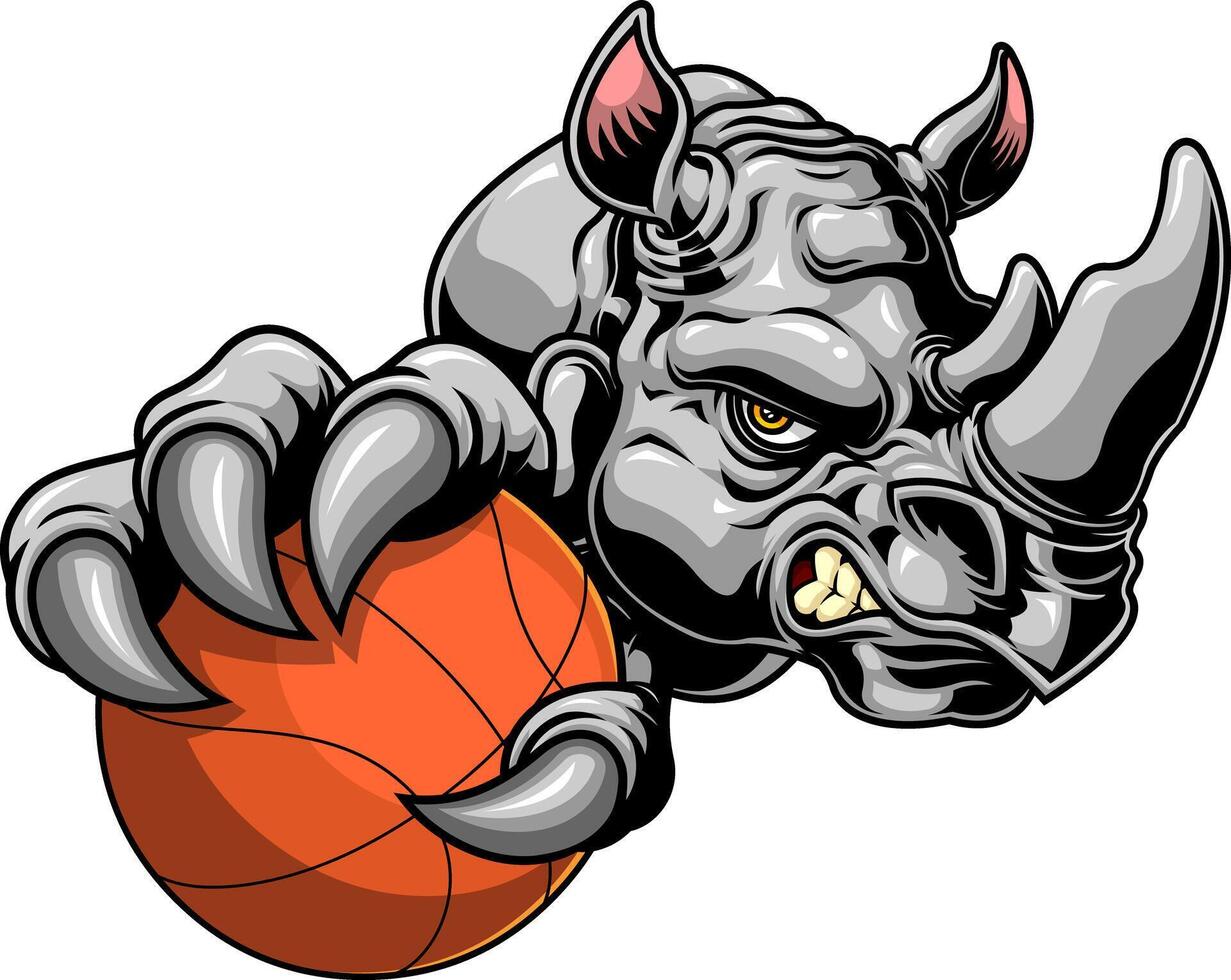 Sporty Rhino with Intense Expression and Basketball vector