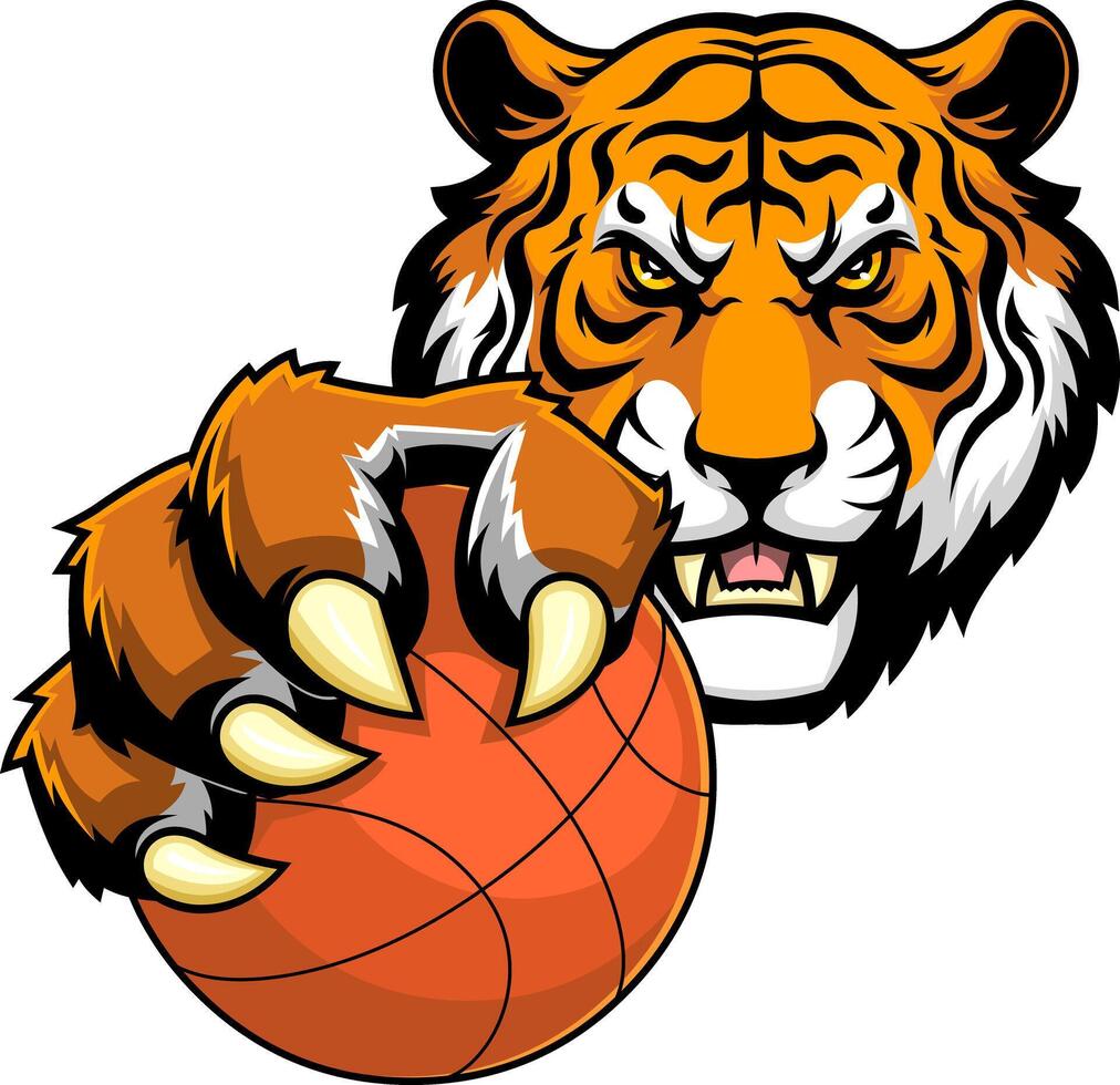 Cartoon Tiger with Sharp Claws Gripping Basketball vector