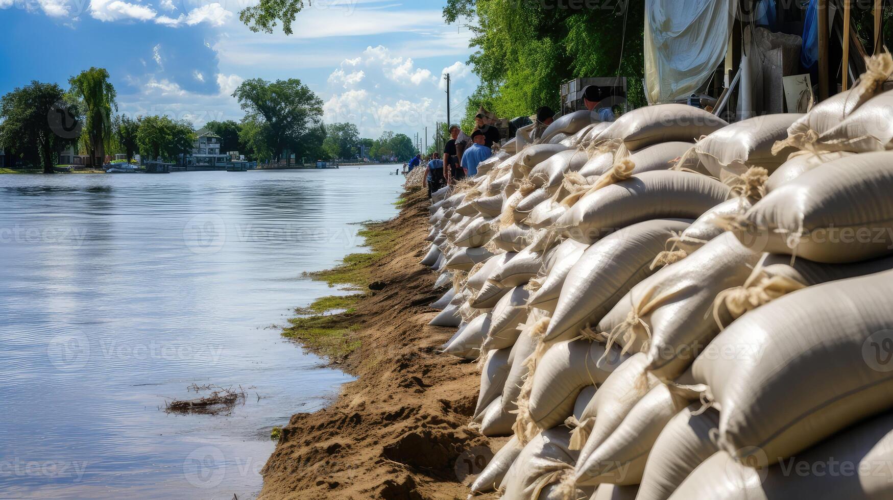 riverbank sand bags flood photo