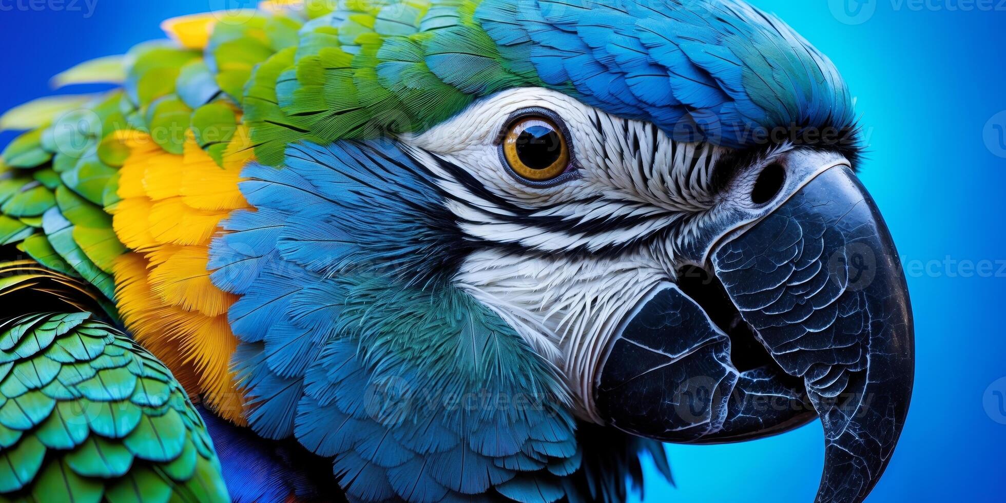 Close up of vibrant parrot with colorful feathers and sharp beak on blue background photo