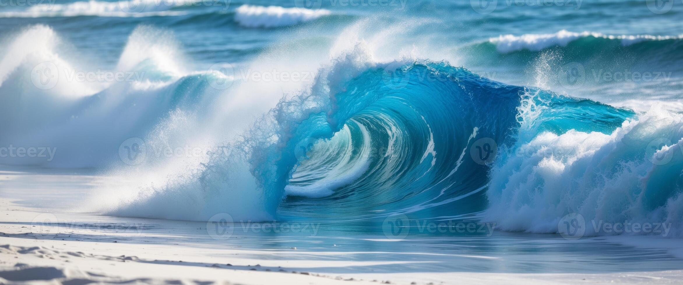 Vibrant Blue Ocean Wave Crashing on White Sand Beach. photo