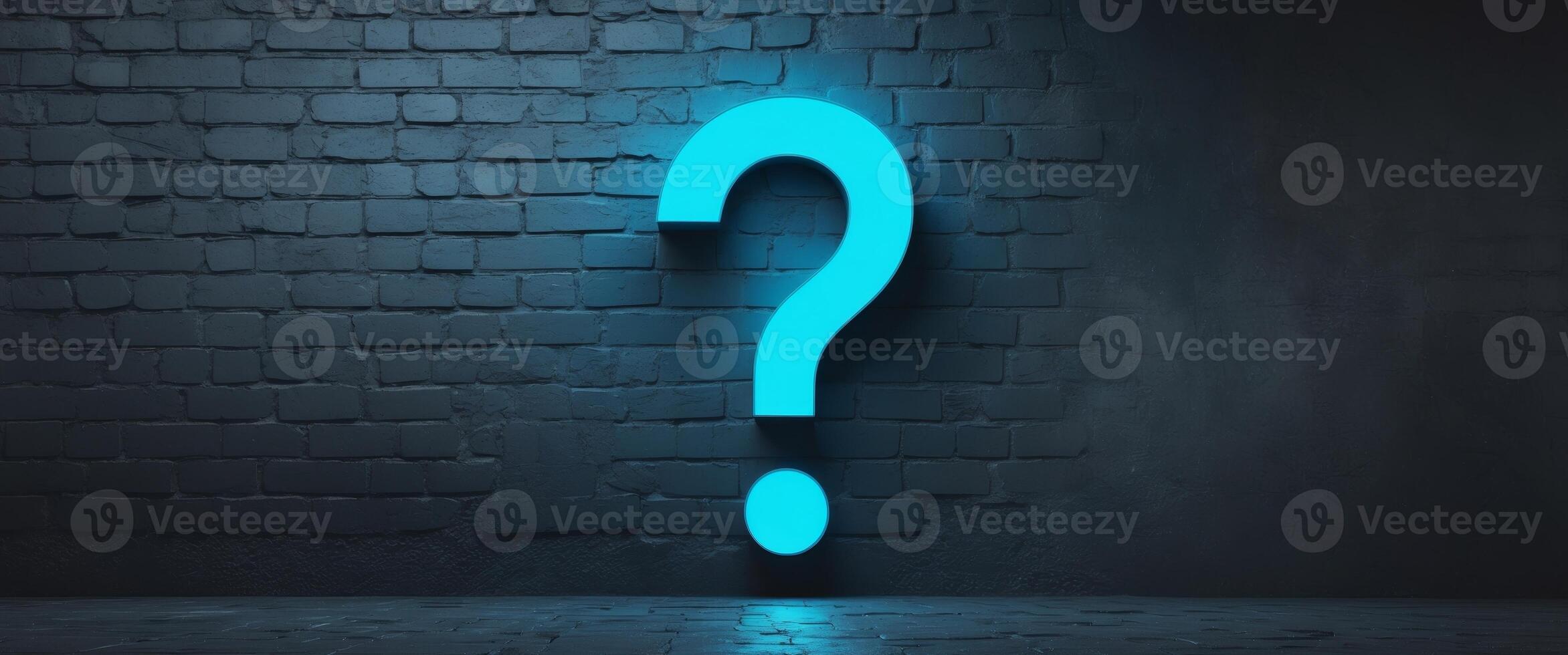 Glowing Neon Blue Question Mark on Dark Brick Wall in Cyberpunk Urban Art Style photo
