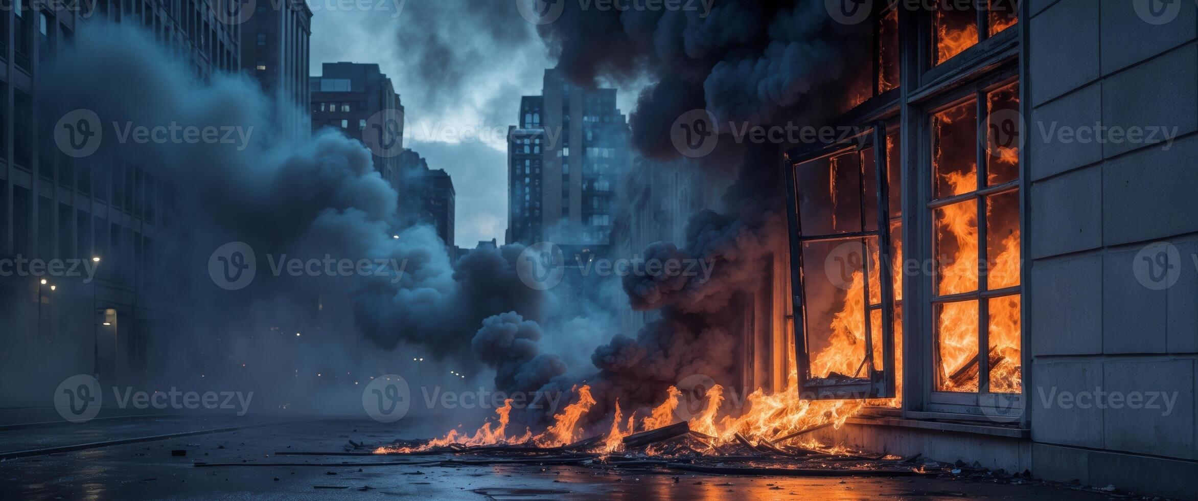 Flames engulf a window as smoke billows in a fierce fire at night in an urban area photo