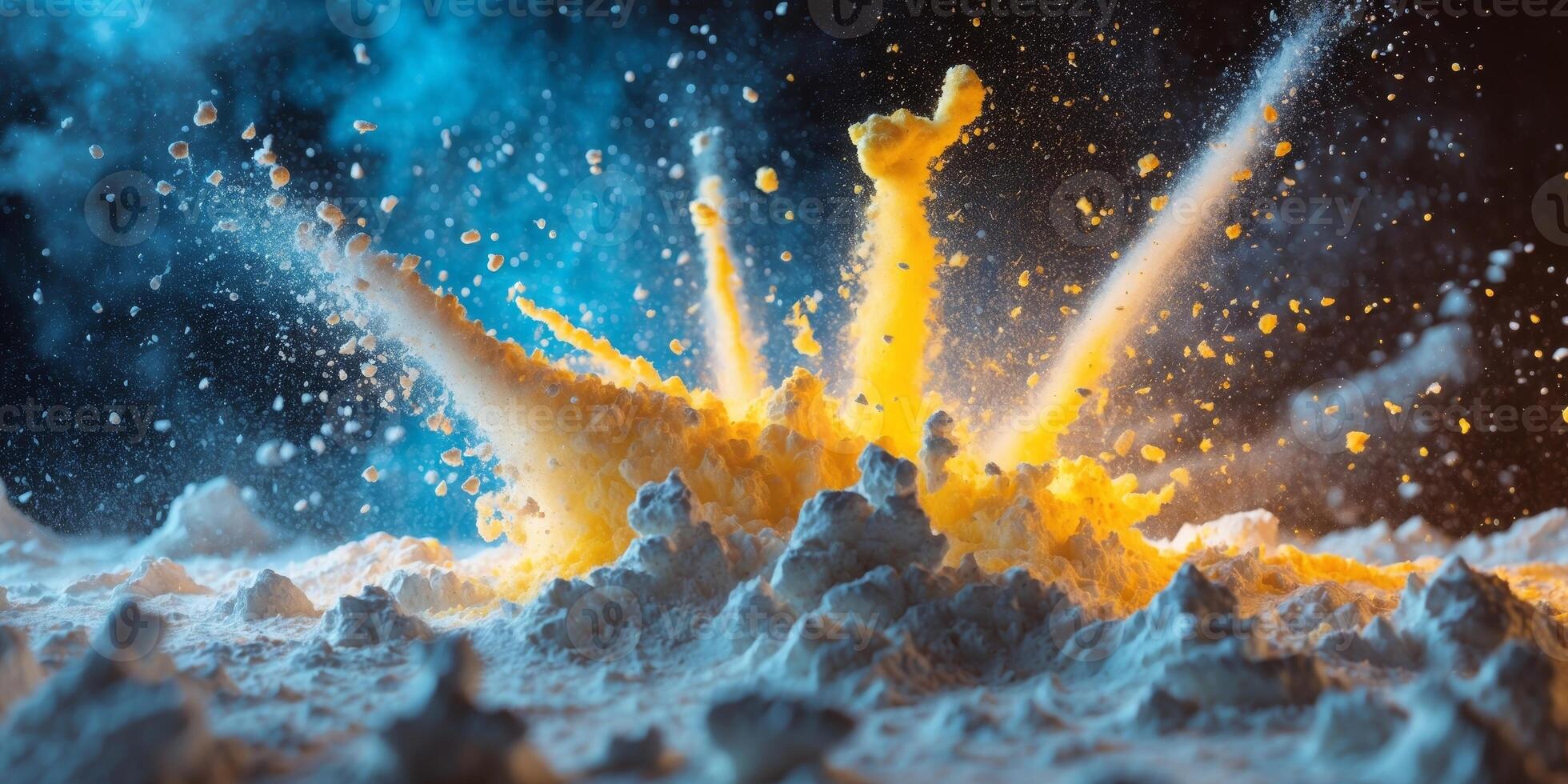 Dynamic capture of flour dust exploding in vibrant colors photo