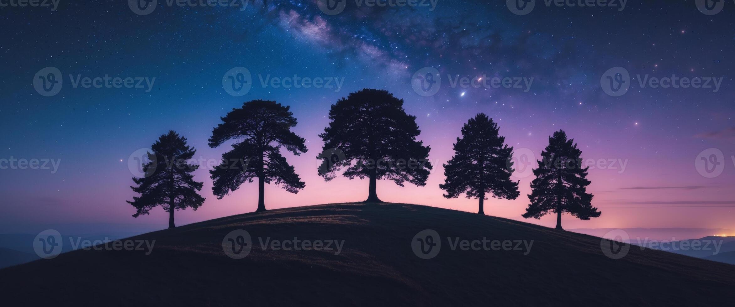 Five Silhouetted Trees on a Hilltop at Night photo