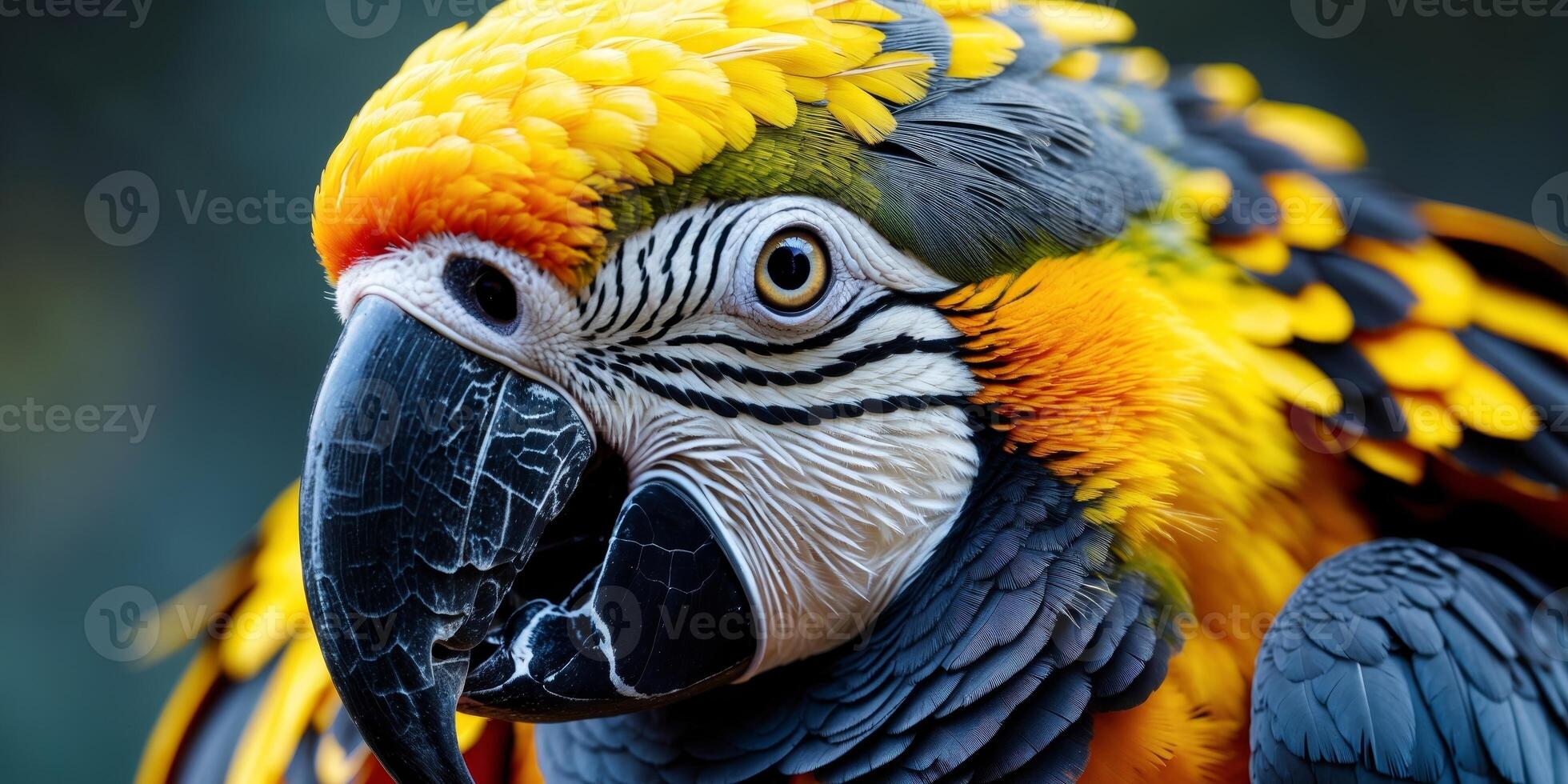 Close up of a colorful parrot with bright yellow and black feathers. photo