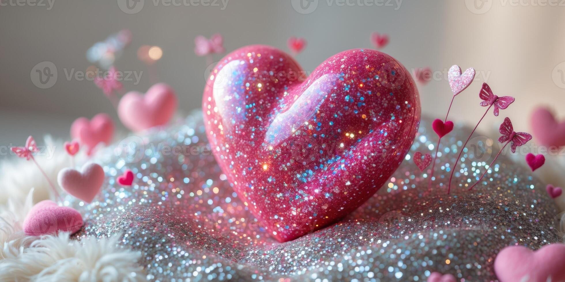 A pink glittery heart sitting on a bed of sparkling glitter Valentine's Day photo
