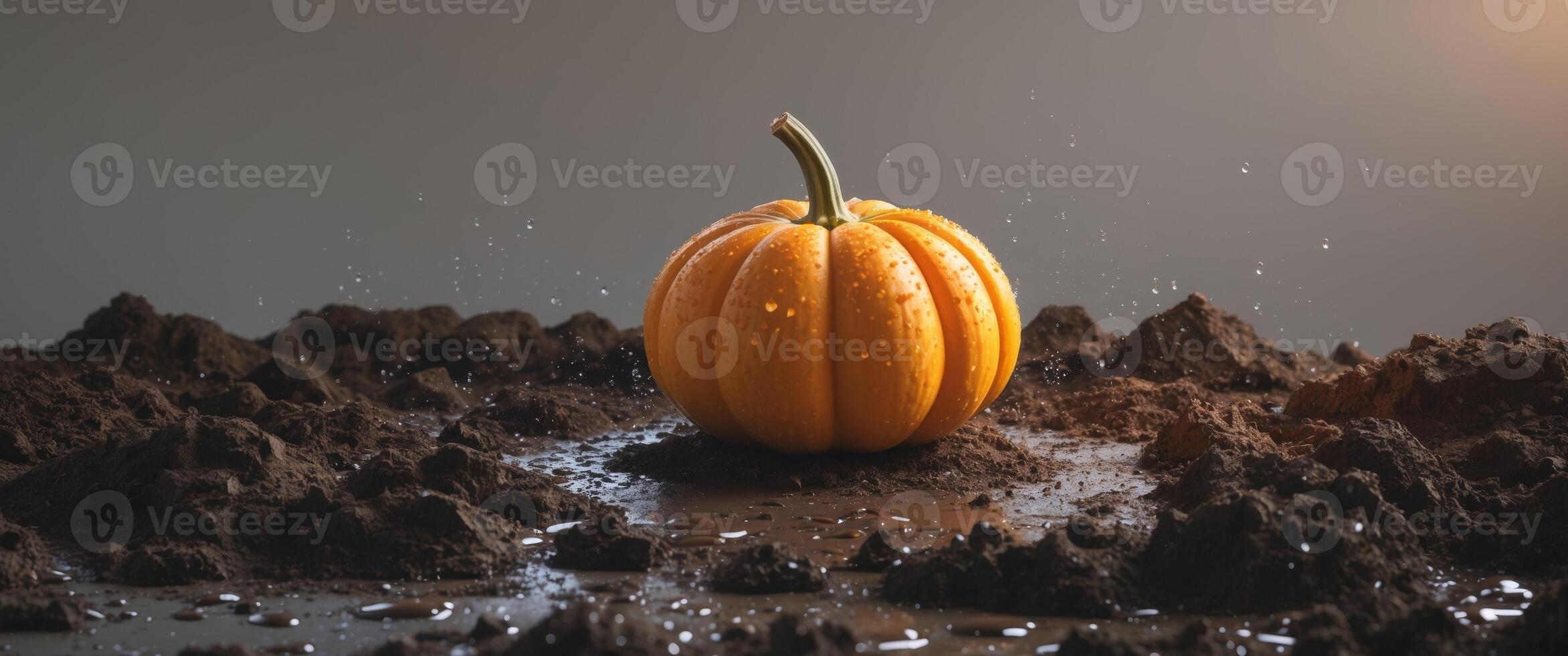 Fresh acorn squash with water droplets on soil photo