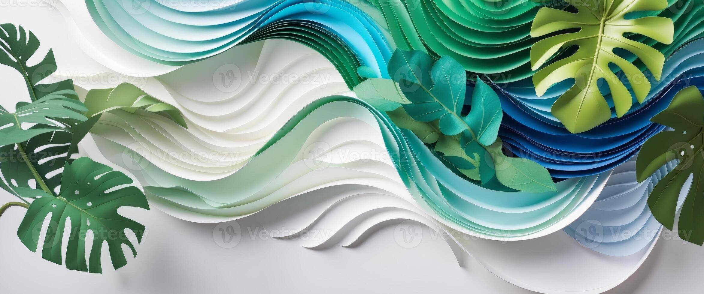 Abstract Paper Art Background with Colorful Waves and Tropical Leaves photo