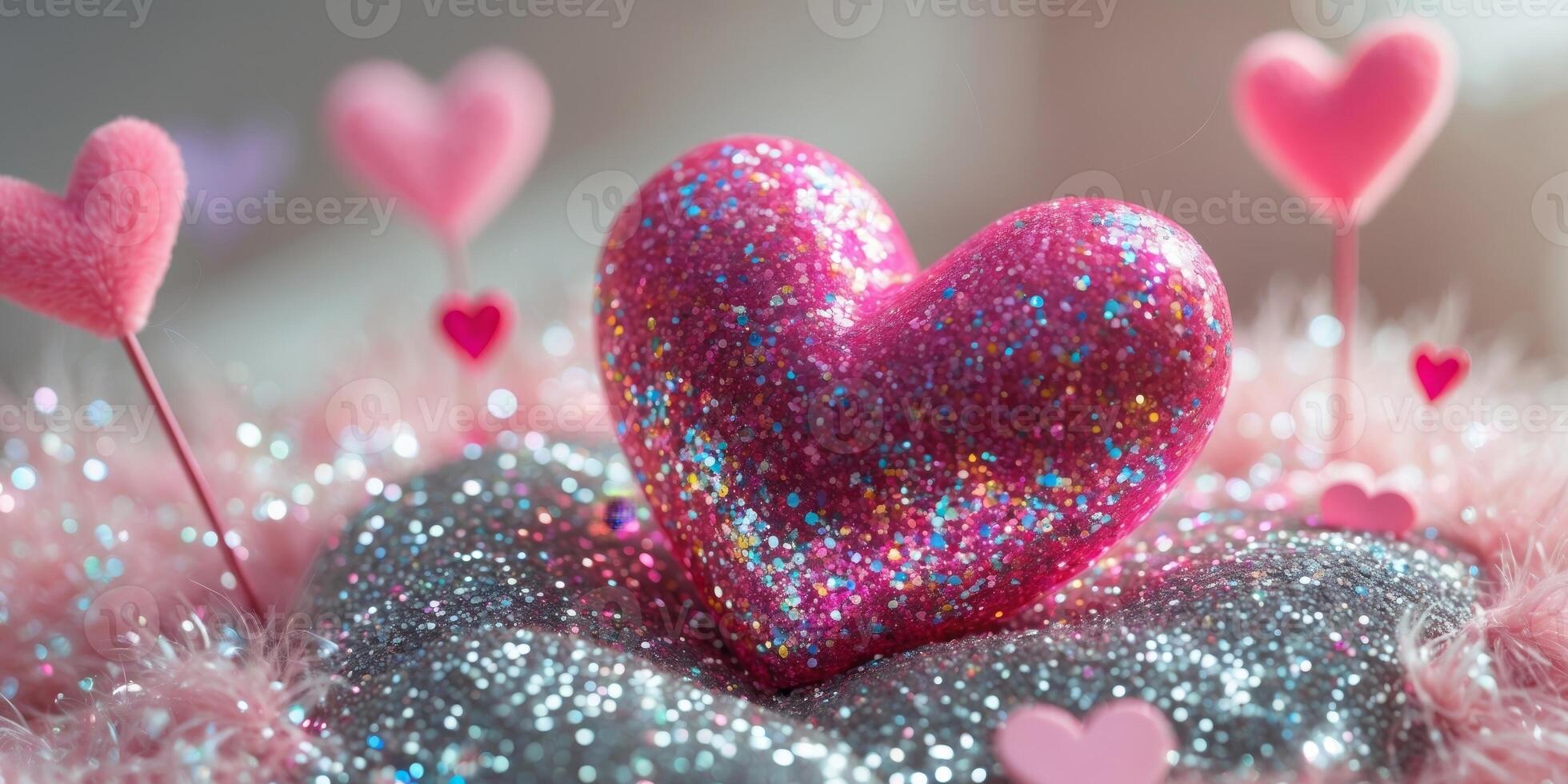 A pink glittery heart sitting on a bed of sparkling glitter Valentine's Day. photo
