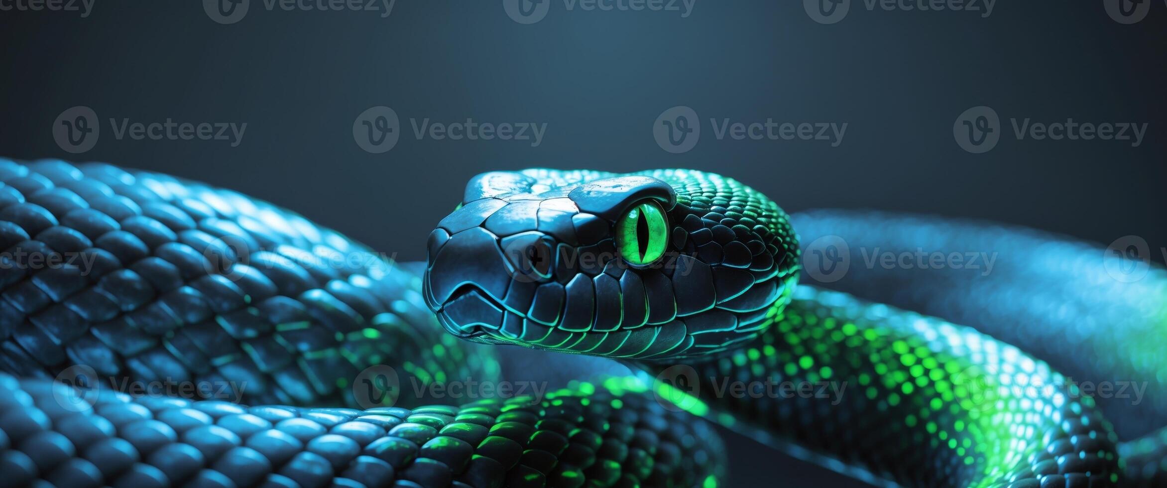 glowing snake with neon scales close up on blurred background technology security concept photo