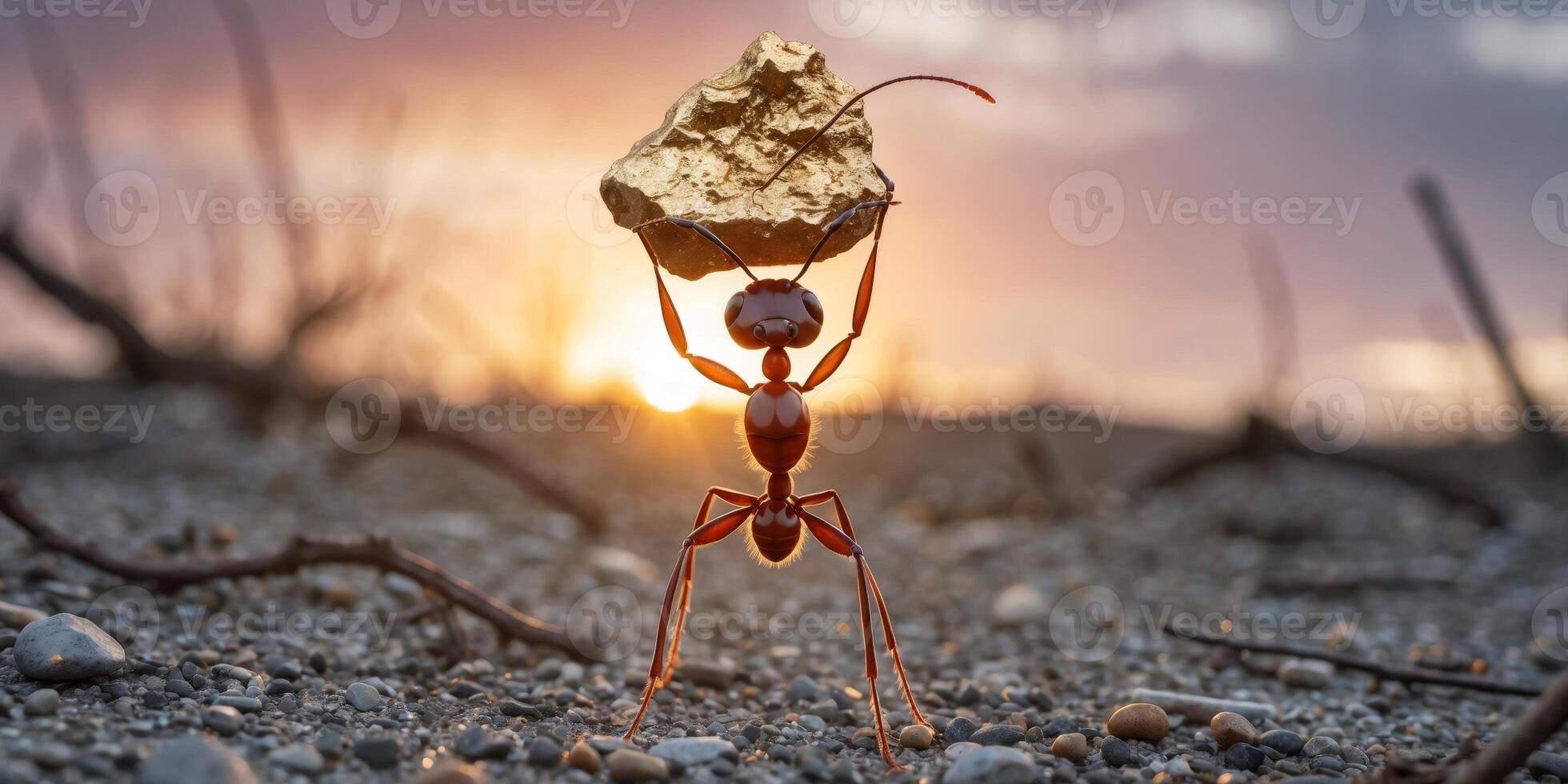 Strong ant lifting heavy gold nugget on gravel ground at sunset. photo