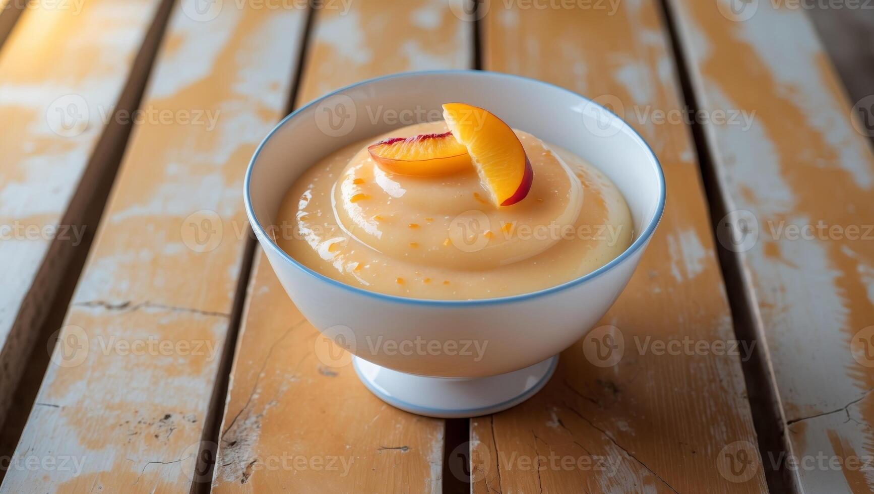 Fresh Peach Pudding in White Bowl on Table photo