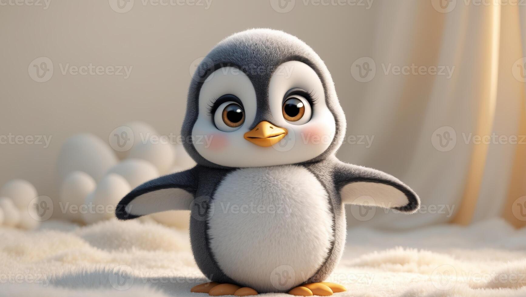 An adorable cartoon penguin with fluffy texture and a delightful appearance that warms hearts. photo
