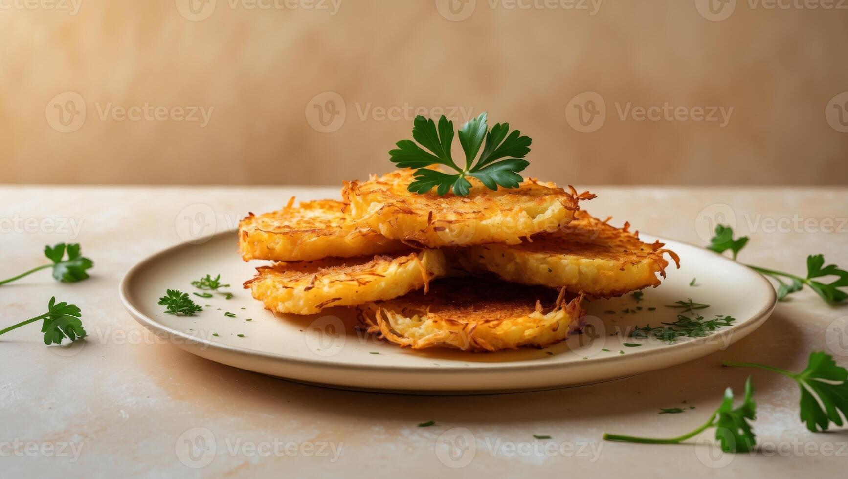 Golden crispy hash browns with parsley garnish photo
