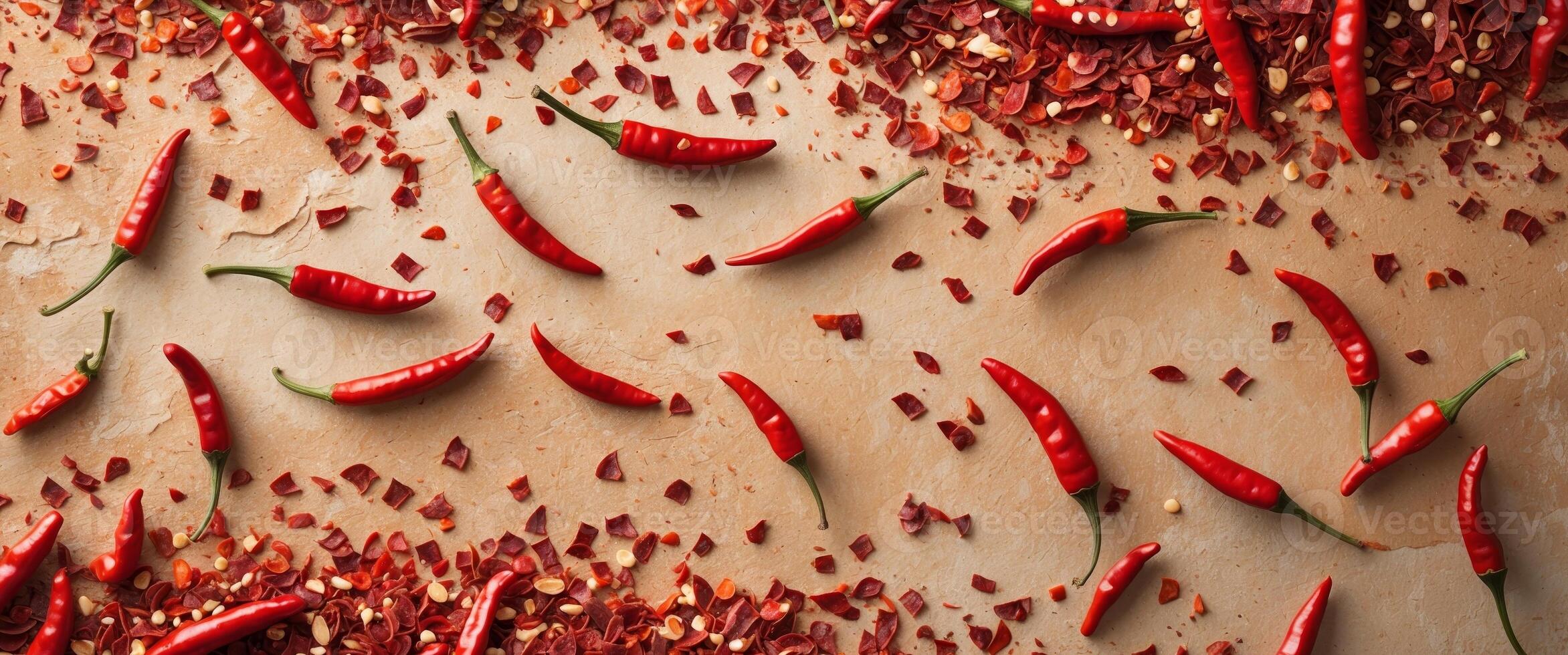 Close up of vibrant red chili pepper flakes on textured background with ample empty space for text or graphic overlay photo