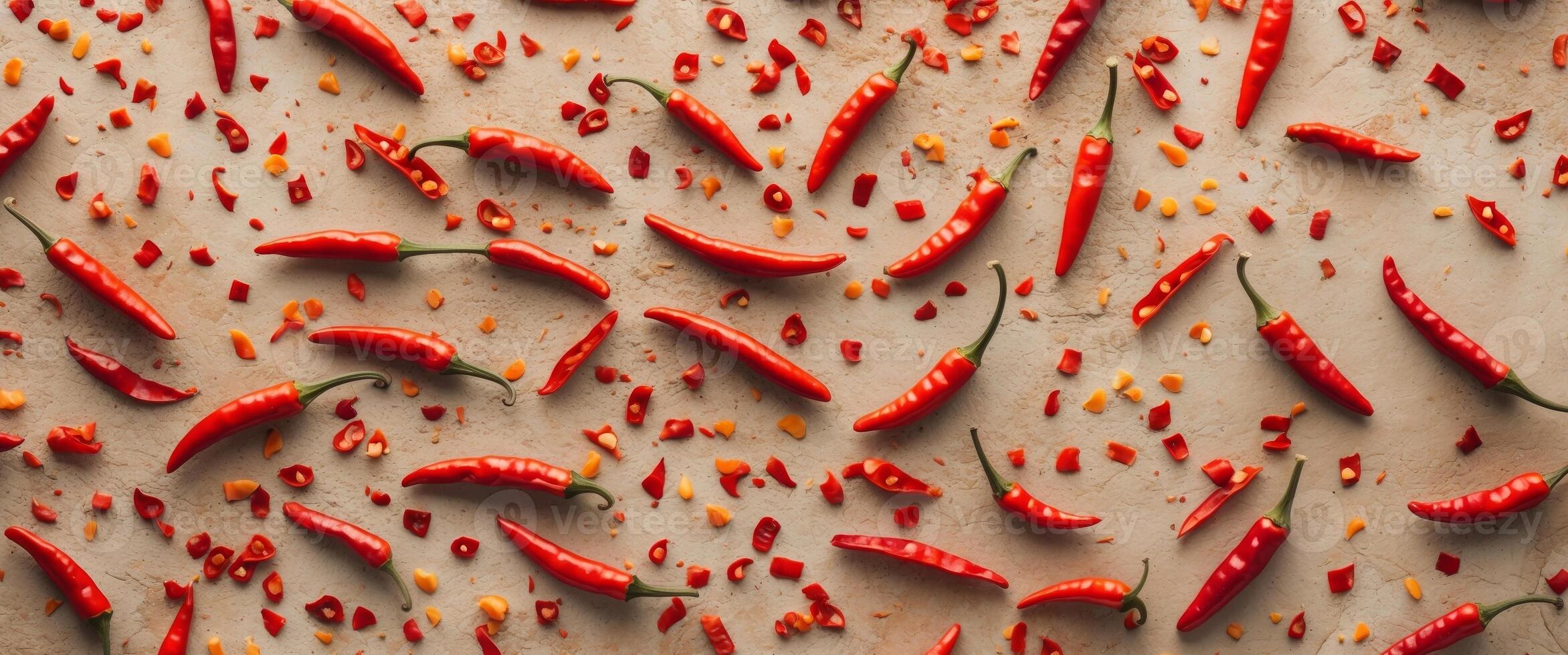 Close up of vibrant red chili pepper flakes on textured background with ample empty space for text or graphic overlay. photo