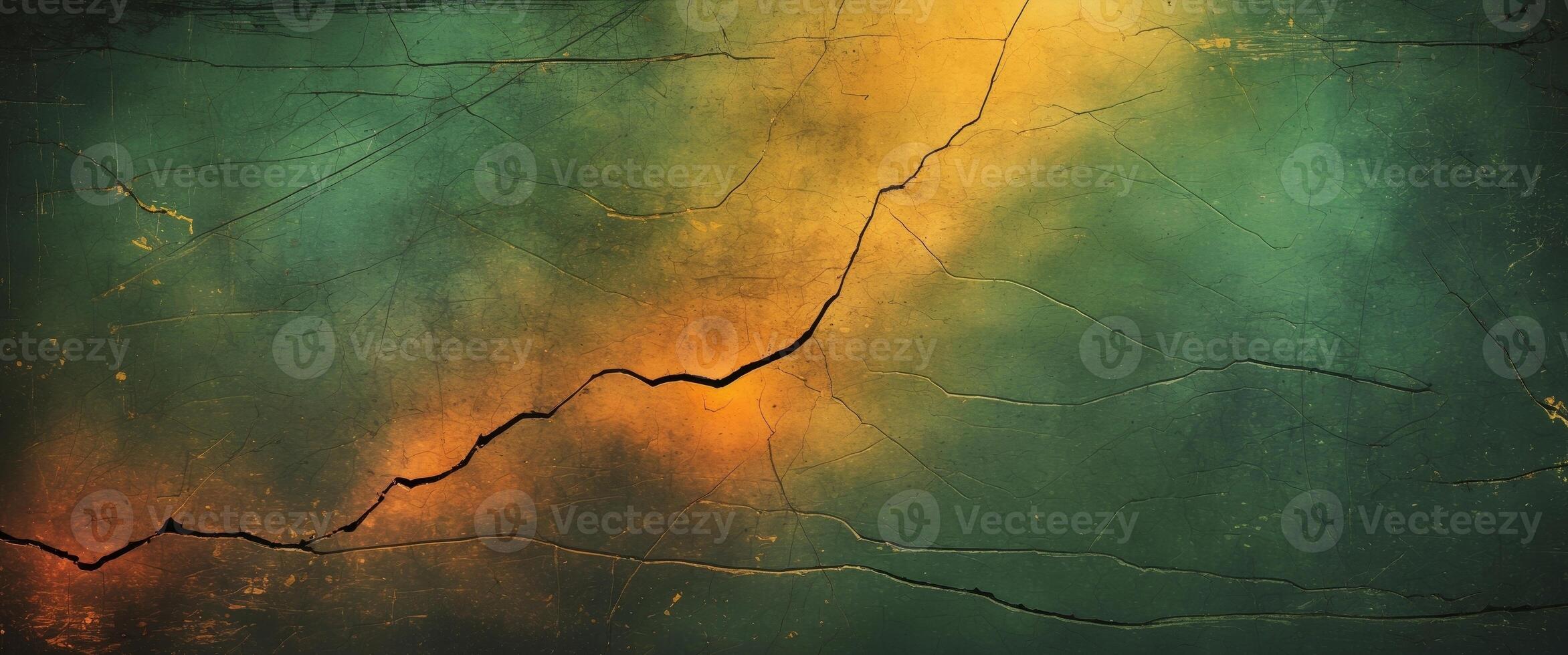 Scratched grunge vintage background with a warm light leak and a color gradient from green to orange. photo