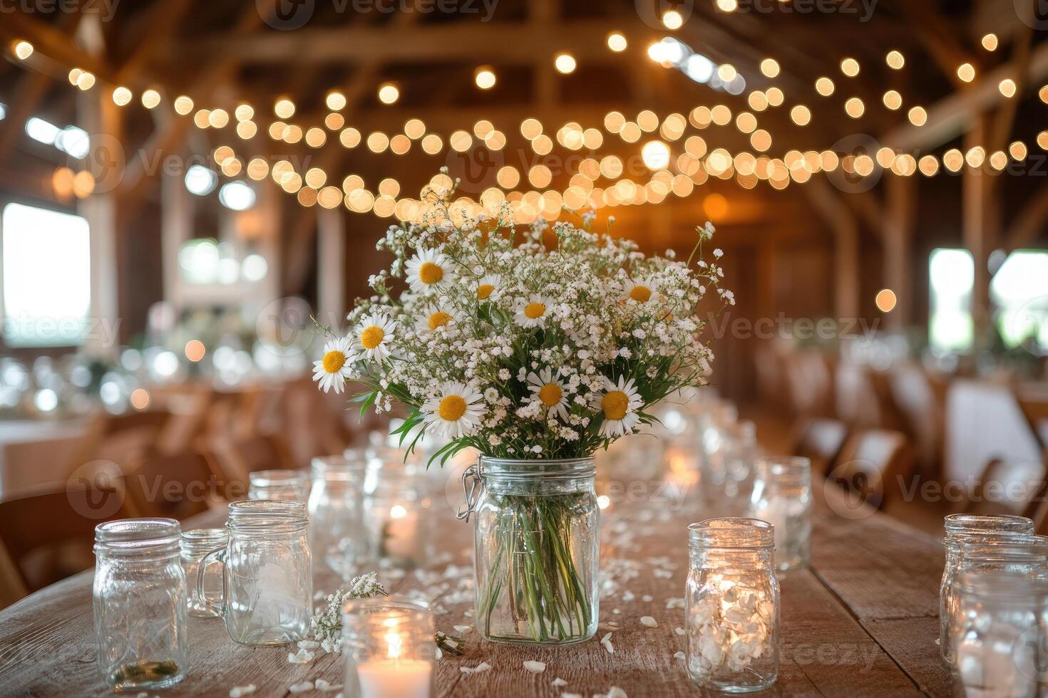 Bouquet of daisies and baby's breath illuminating rustic wedding reception photo