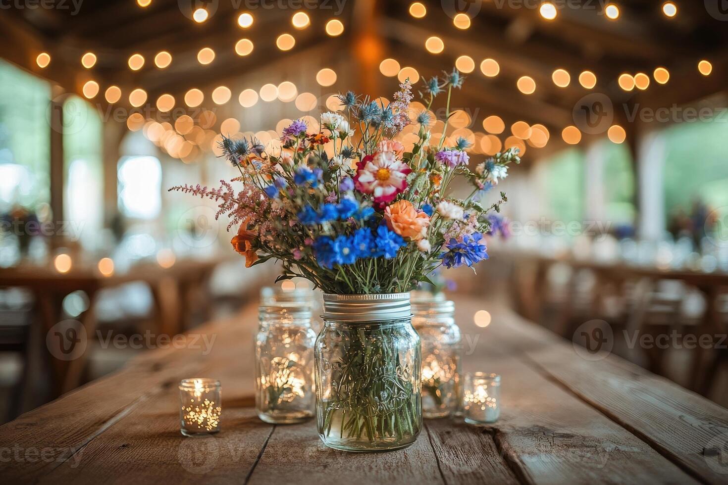 Wildflowers bouquet illuminating rustic wedding reception table photo