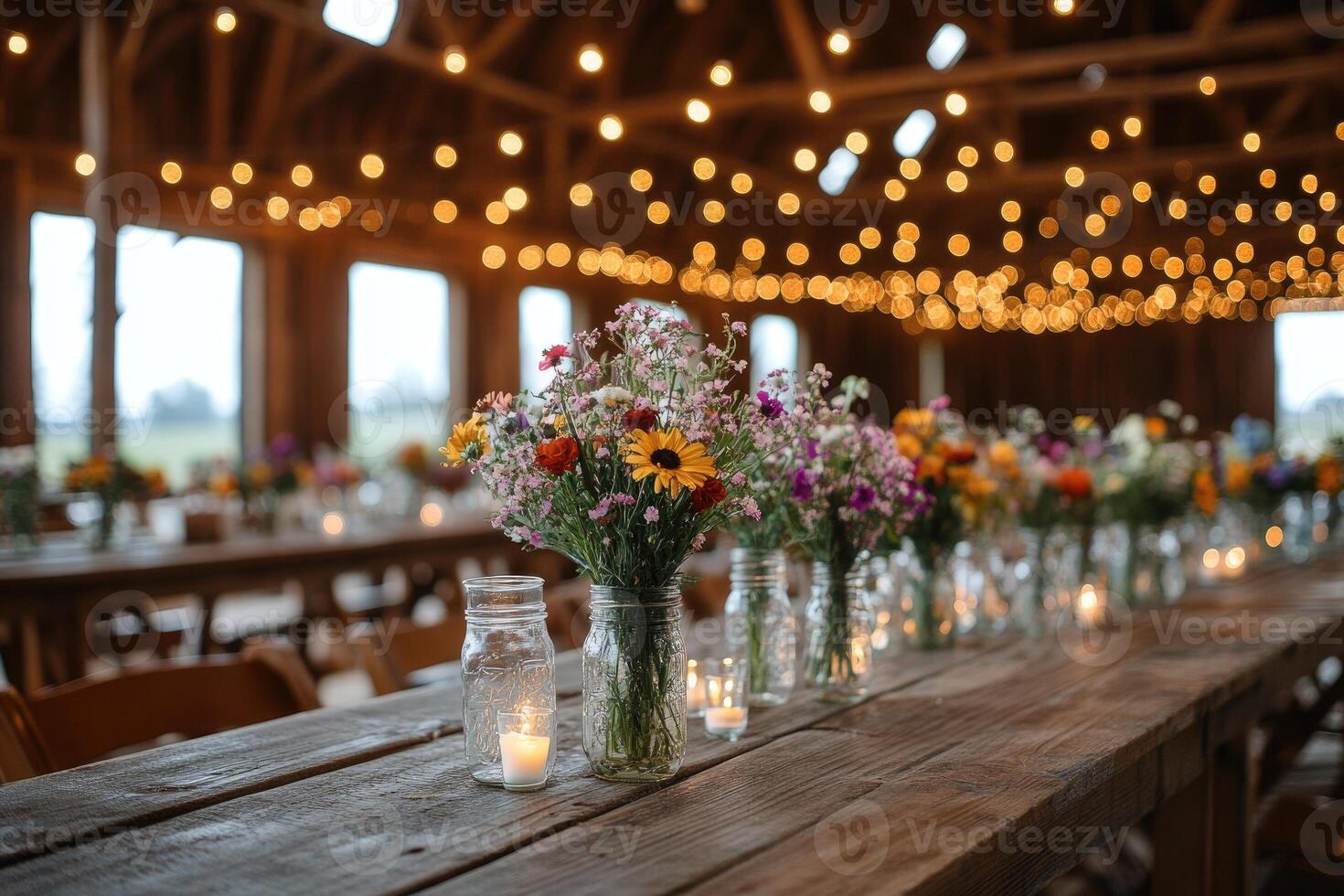 Wildflowers centerpieces decorating rustic wedding reception tables in barn photo