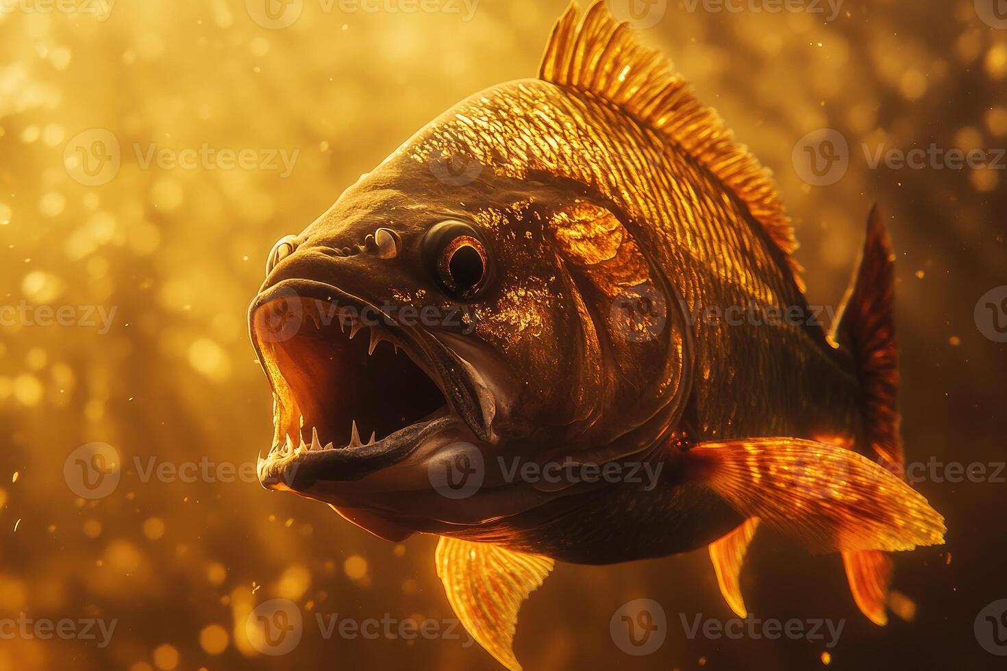 Aggressive fish baring teeth underwater in golden light photo