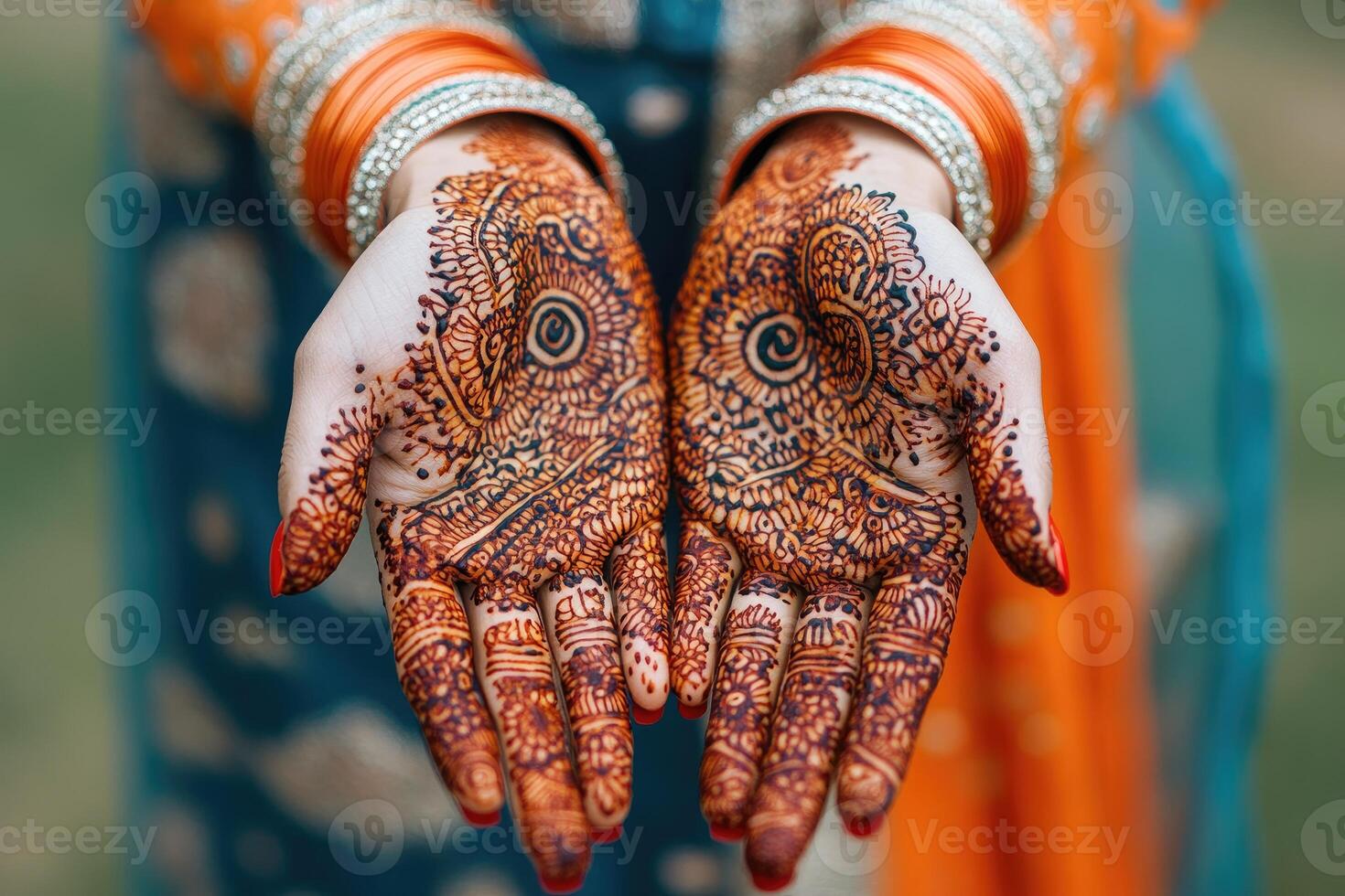 Woman showing traditional indian henna tattoo on hands photo