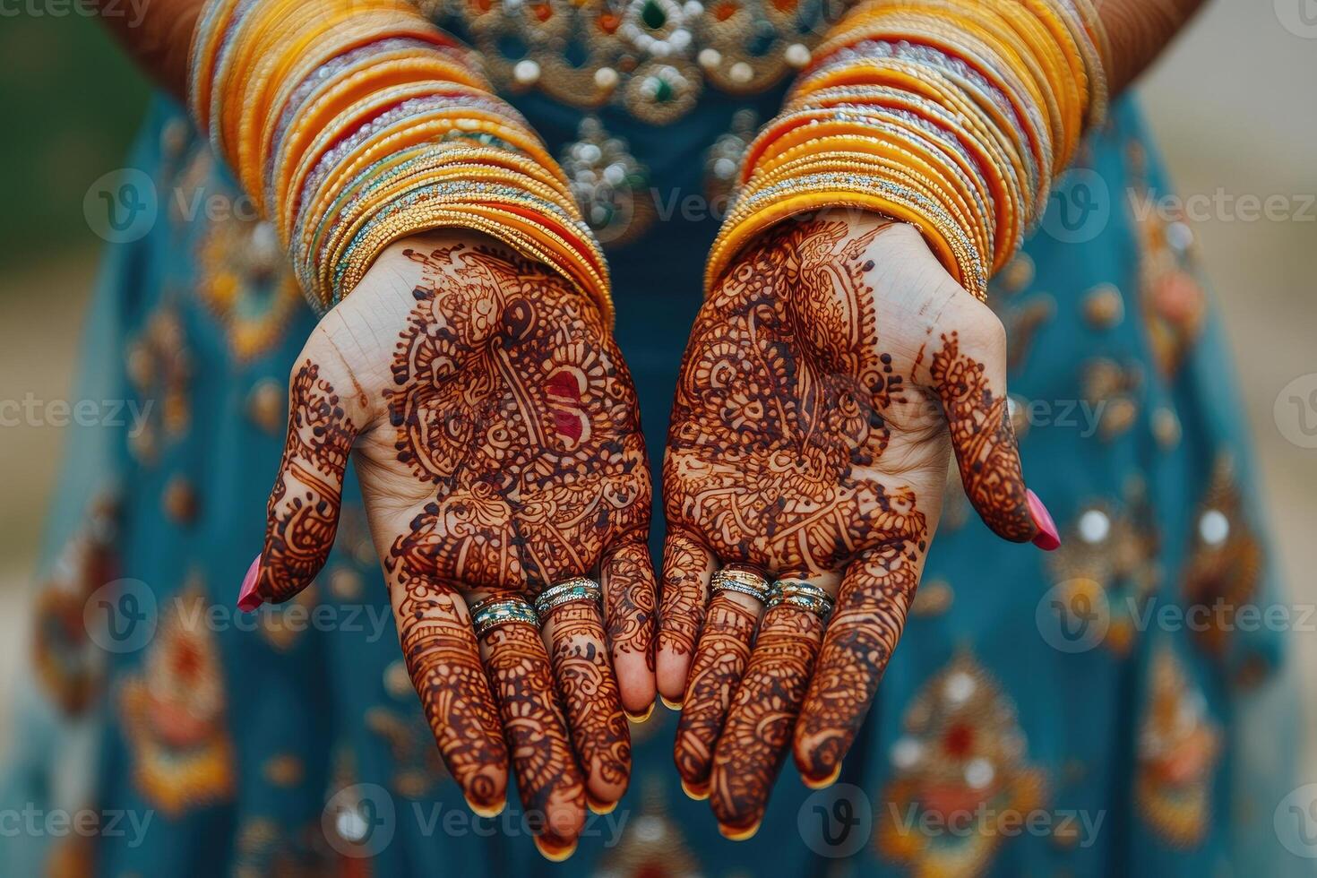 Indian bride showing henna tattoo on hands wearing gold bracelets photo