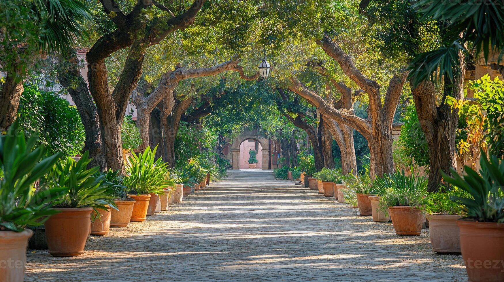 Majestic tree lined pathway leading to serene archway in lush garden photo
