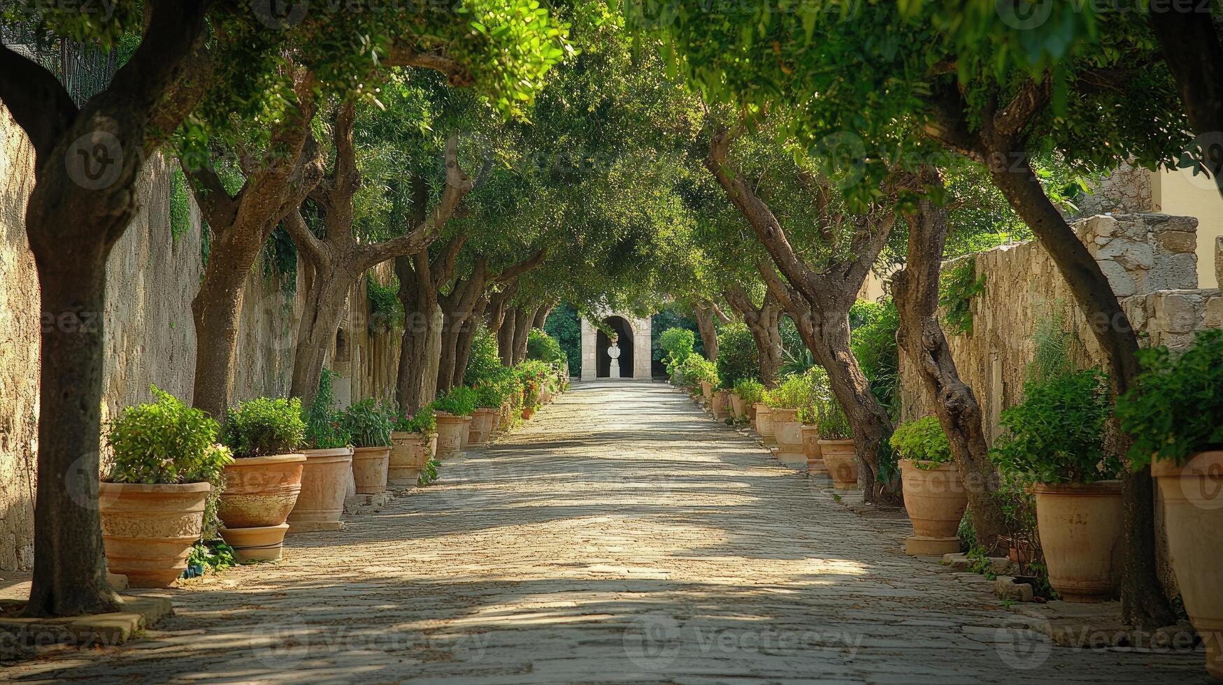 Majestic tree lined pathway leading to serene destination in formal garden photo