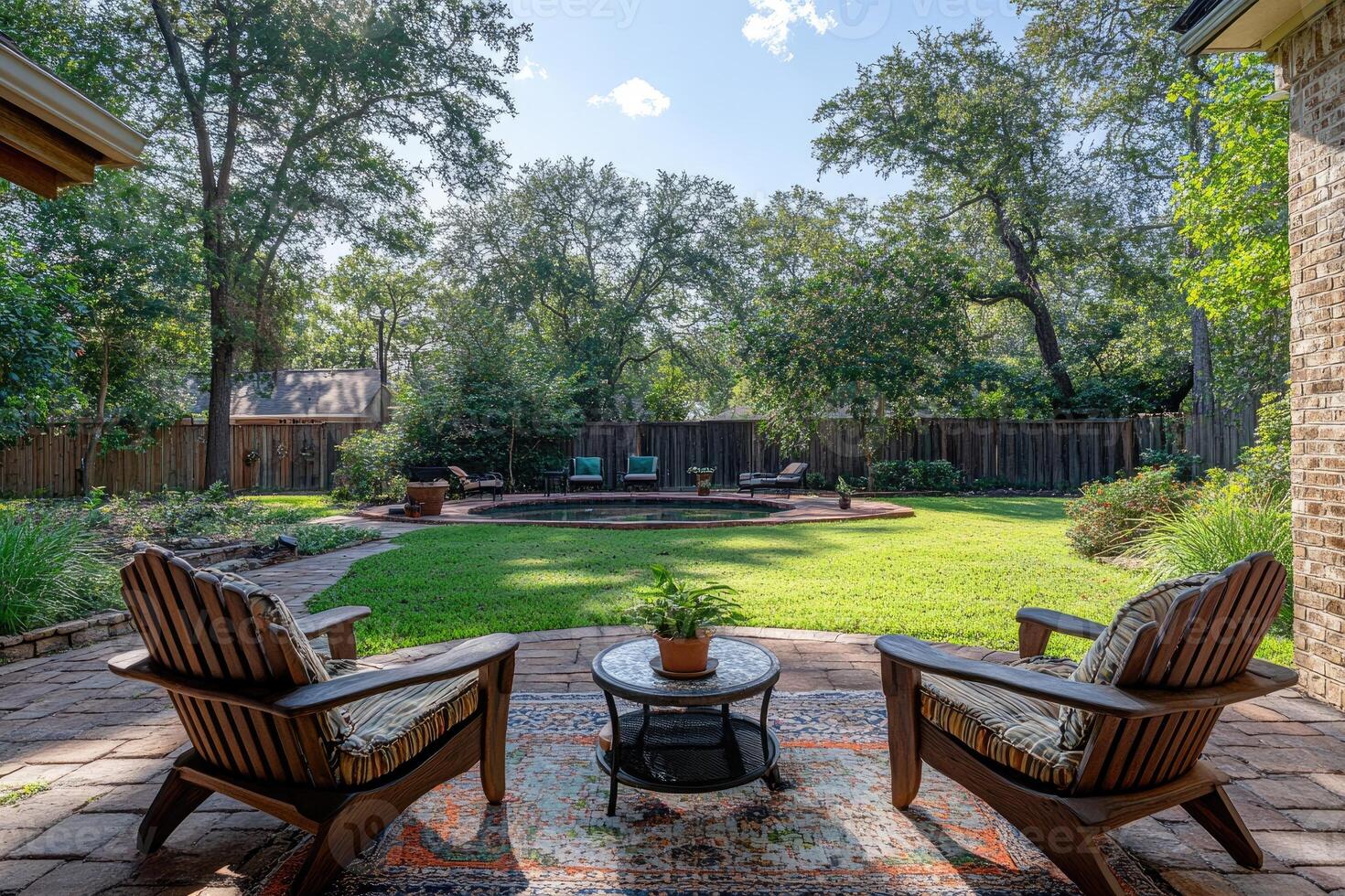 Two empty adirondack chairs relaxing by lush green backyard pool photo