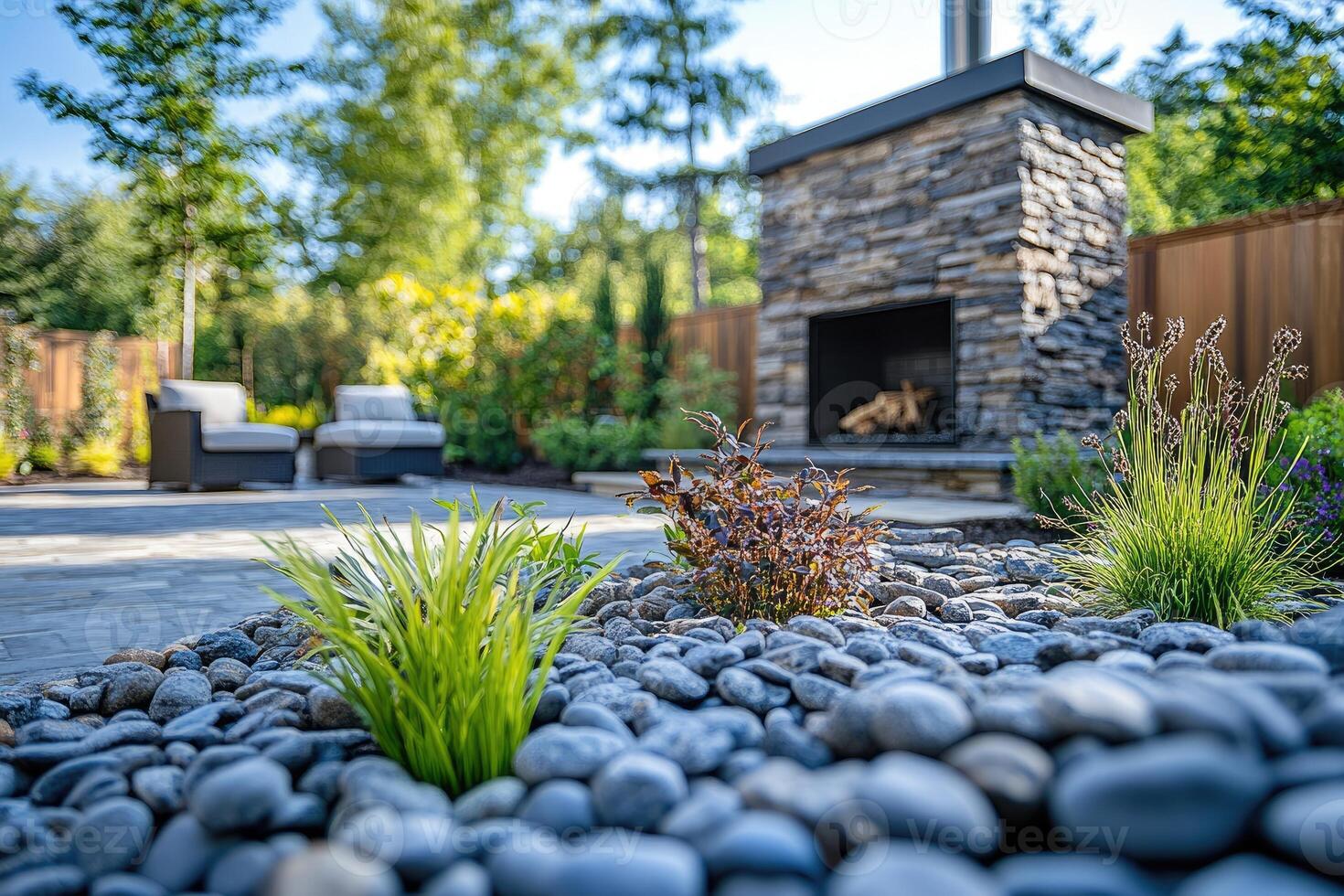 Modern backyard landscaping featuring stone fireplace, patio, and lush greenery photo