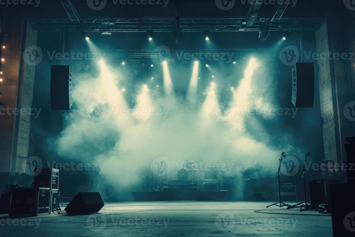 Empty stage with lighting equipment and smoke creating an atmospheric concert setting photo