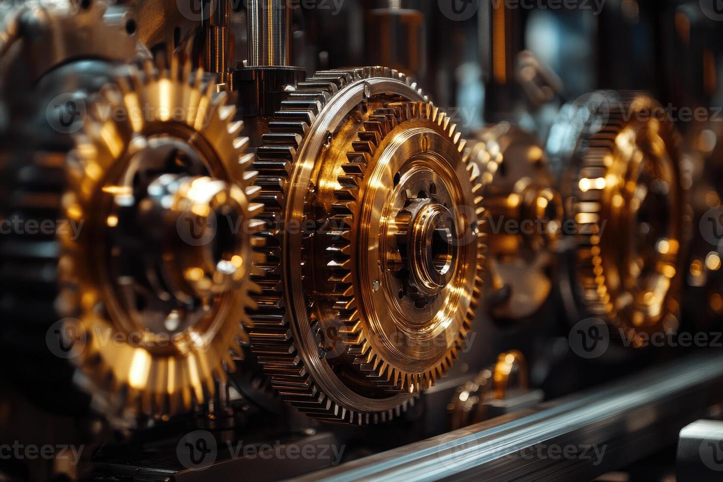 Close up view of interlocking gears rotating smoothly in complex machinery photo