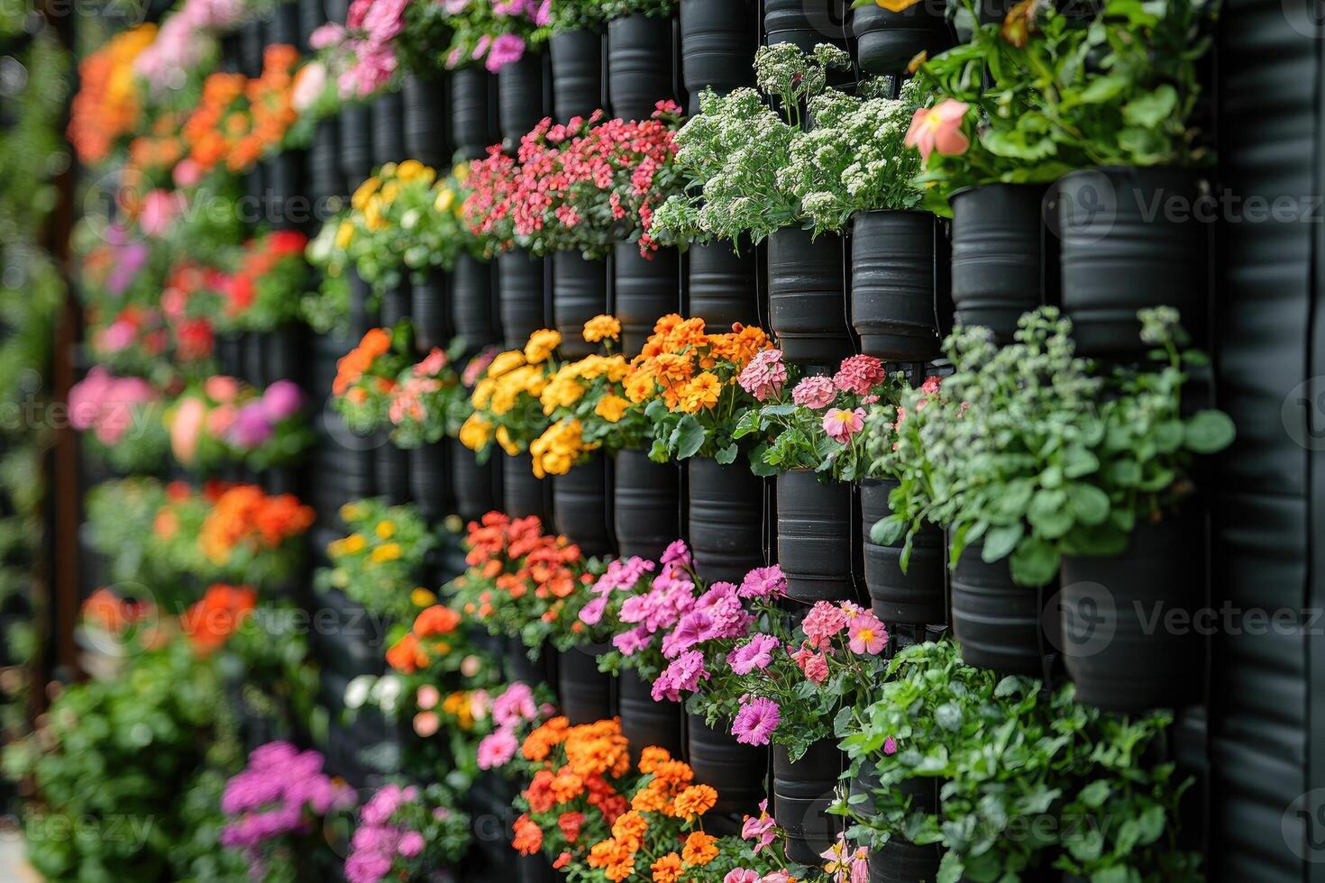Colorful flowers growing in hanging pots creating a vertical garden photo