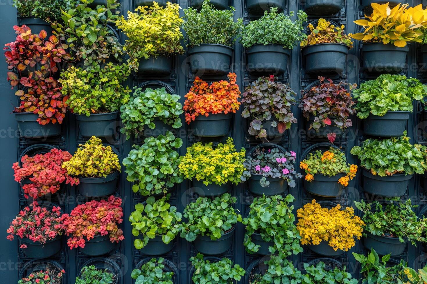 Colorful plants growing in hanging pots on vertical garden wall photo