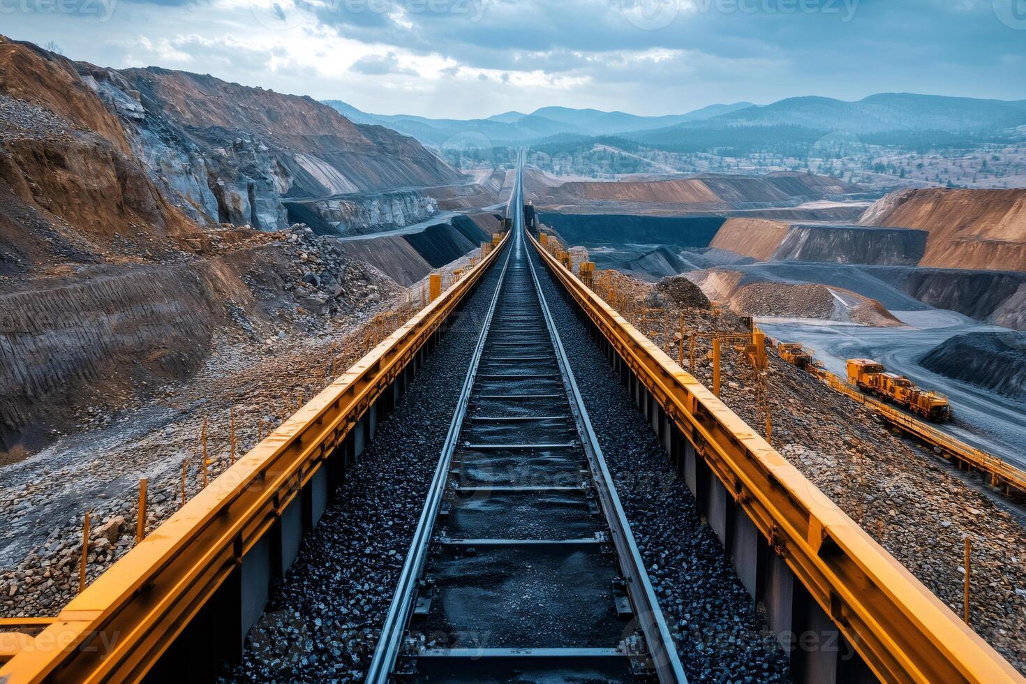 Endless railway stretching through vast mining landscape photo