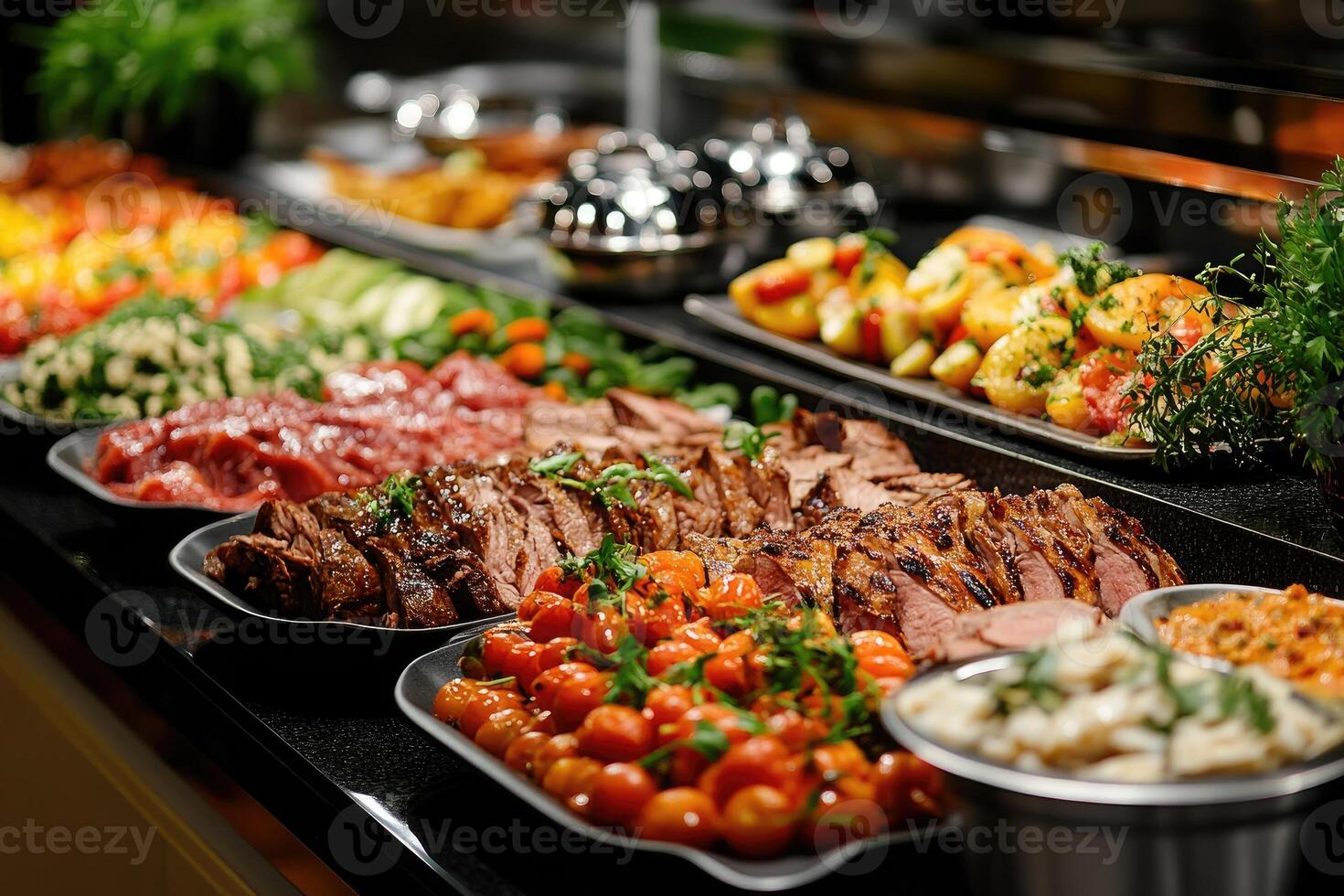 Delicious roast beef and various dishes displayed on buffet table photo