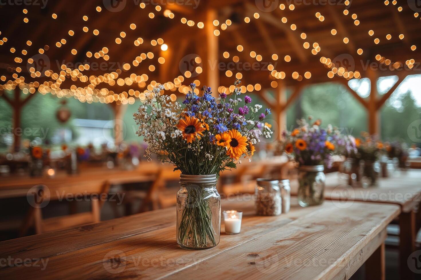 Wildflowers centerpiece illuminating rustic wedding reception tables under string lights photo