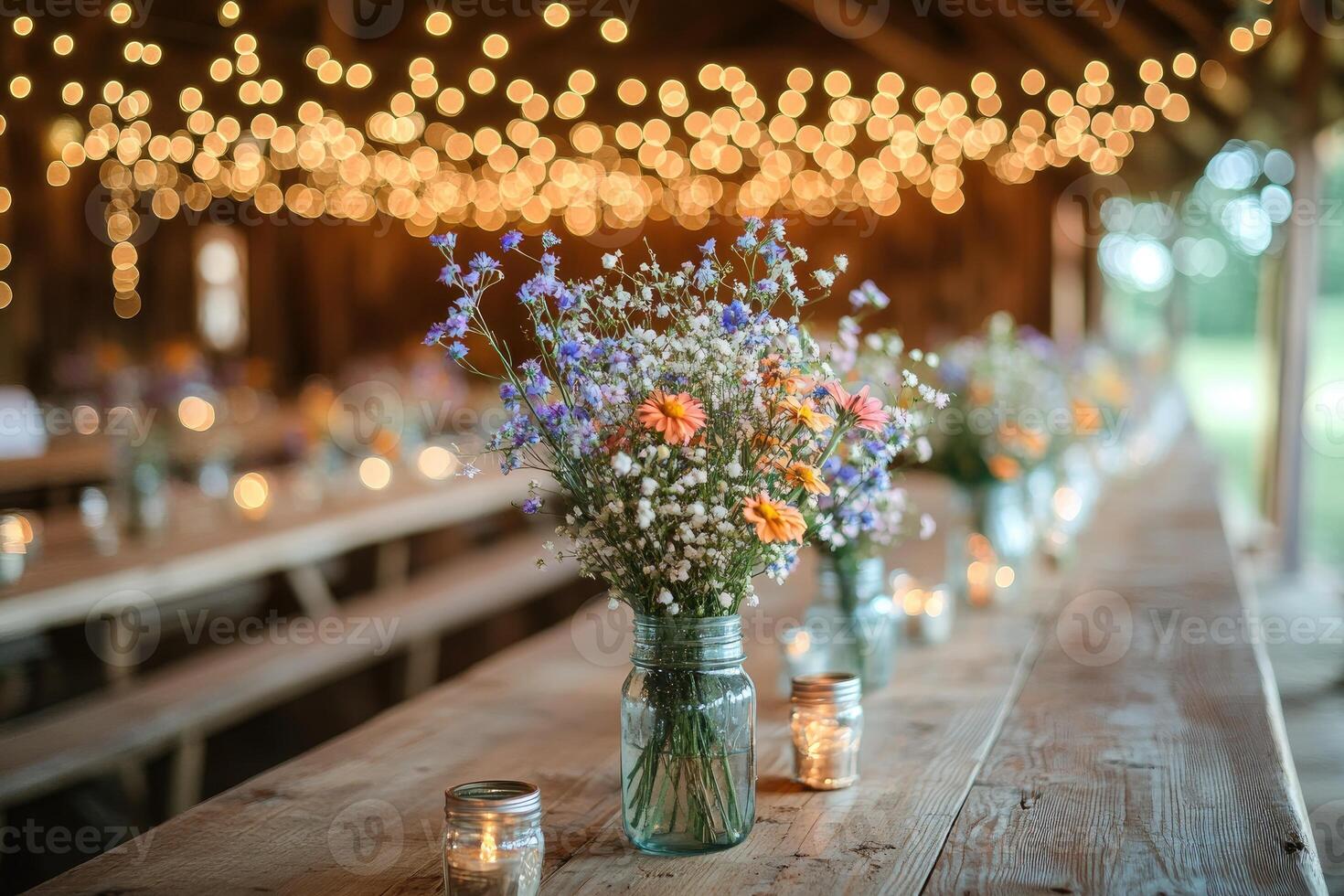 Wildflowers centerpiece illuminating rustic wedding reception tables photo