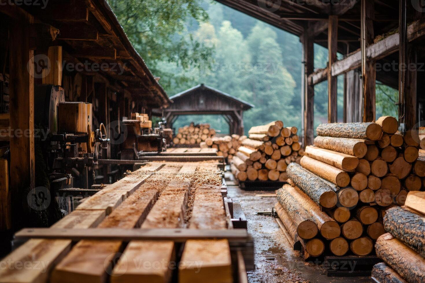 Sawmill processing freshly cut logs into lumber in a rustic workshop photo