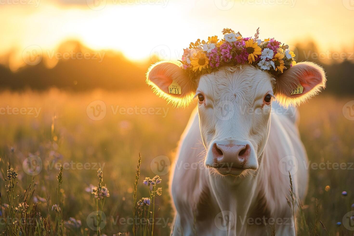 Charming Cow Wearing Floral Crown at Sunset photo