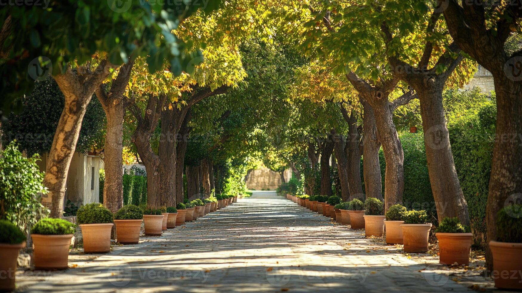 Majestic tree lined pathway leading to serene destination. photo
