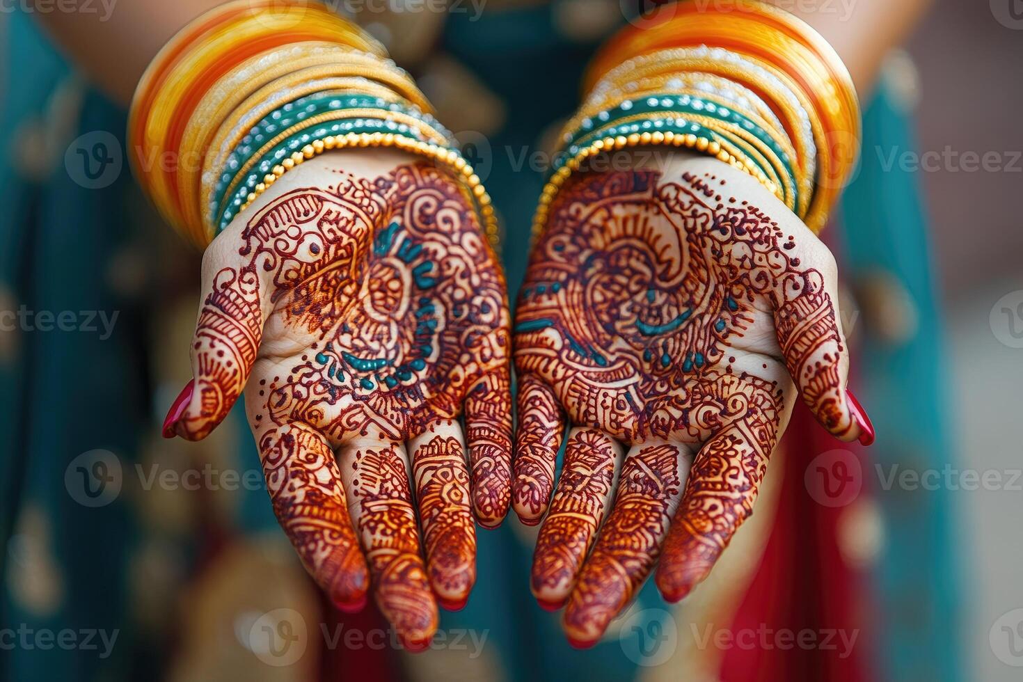 Indian bride showing henna tattoo on hands wearing traditional bracelets photo