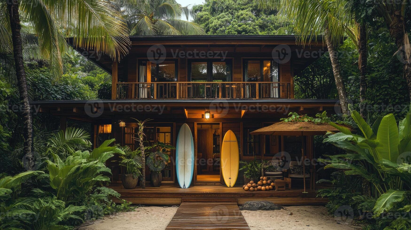 Wooden tropical surf house surrounded by lush vegetation and palm trees photo