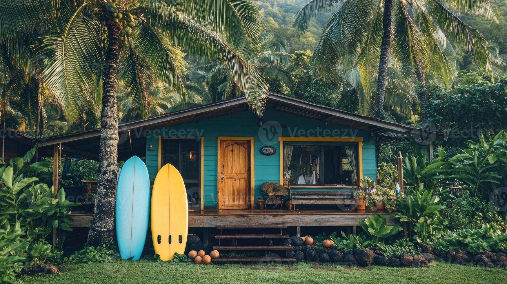 Surfboards leaning against palm tree near tropical bungalow photo