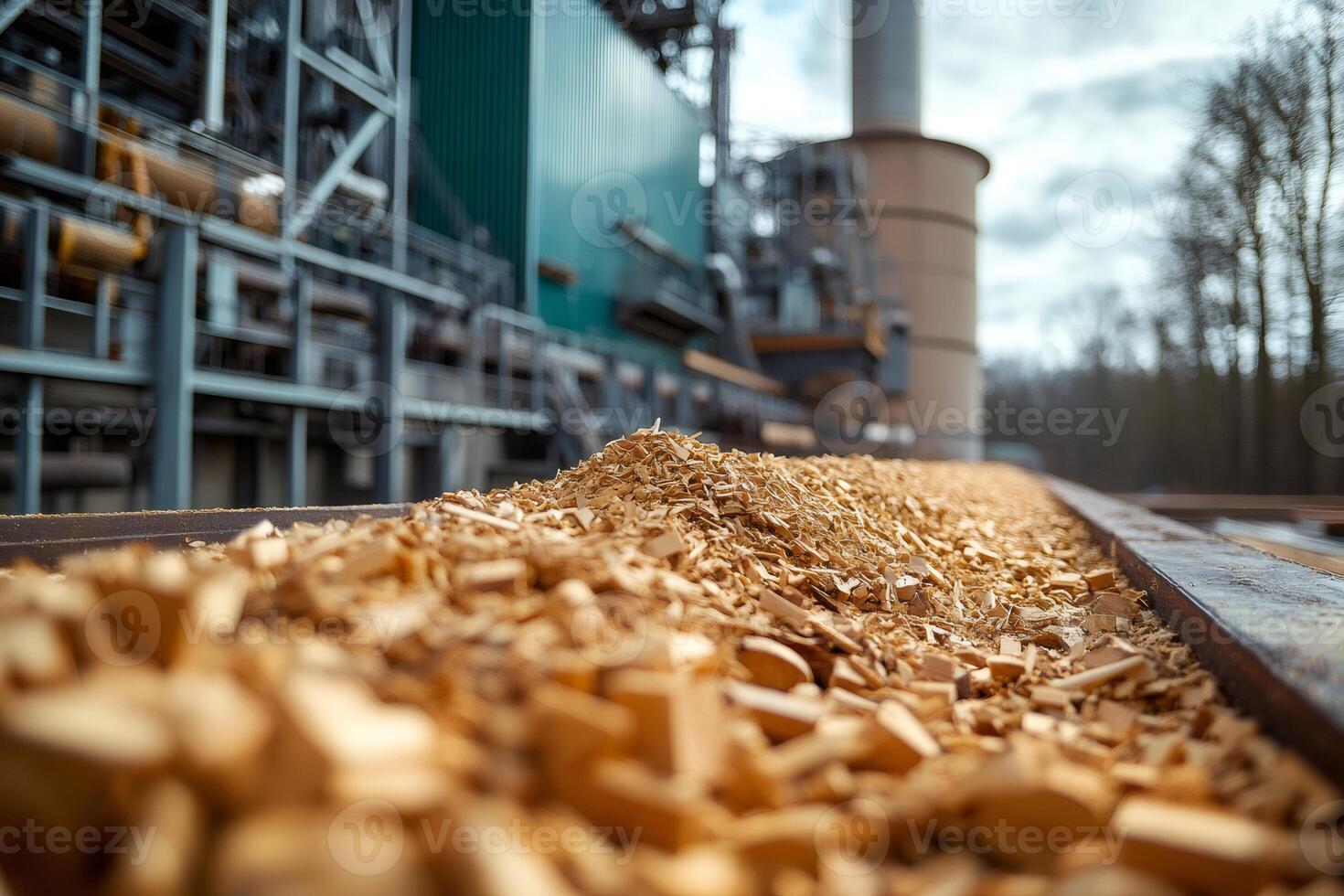 Biomass power plant processing wood chips for renewable energy production photo
